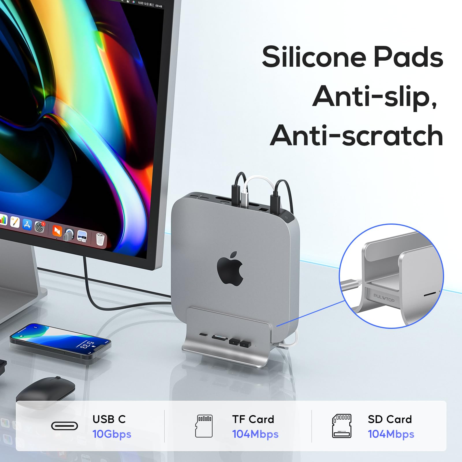 Pulwtop Usb C Hub For Mac Mini, 5 In 1Usb Hub Adapter Support M.2 Nvme Ssd Expand, Docking Station With 2 Usb C 10Gbps, Sd/Tf Ca