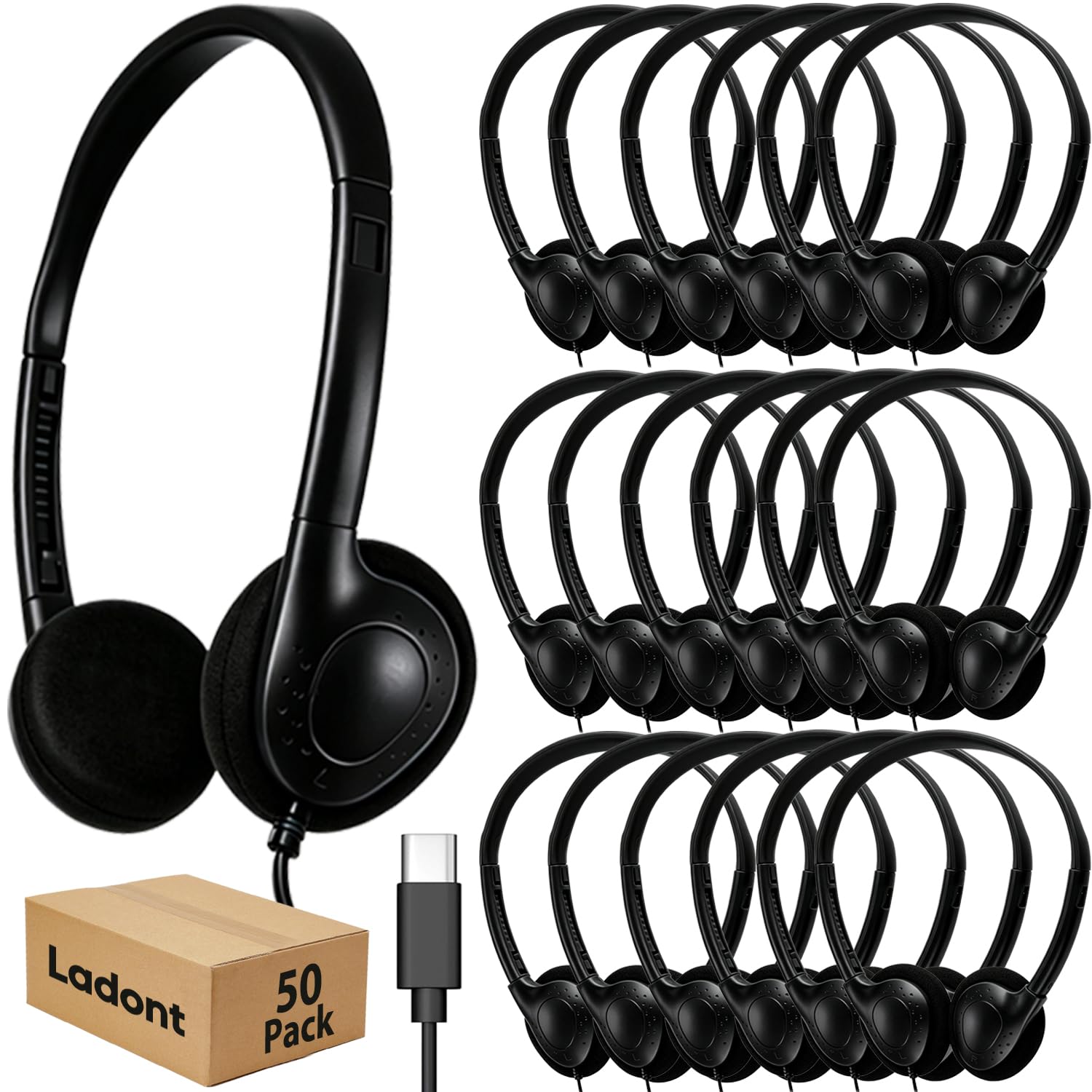 Ladont 50 Pack USB C Headphones Bulk for School Classroom