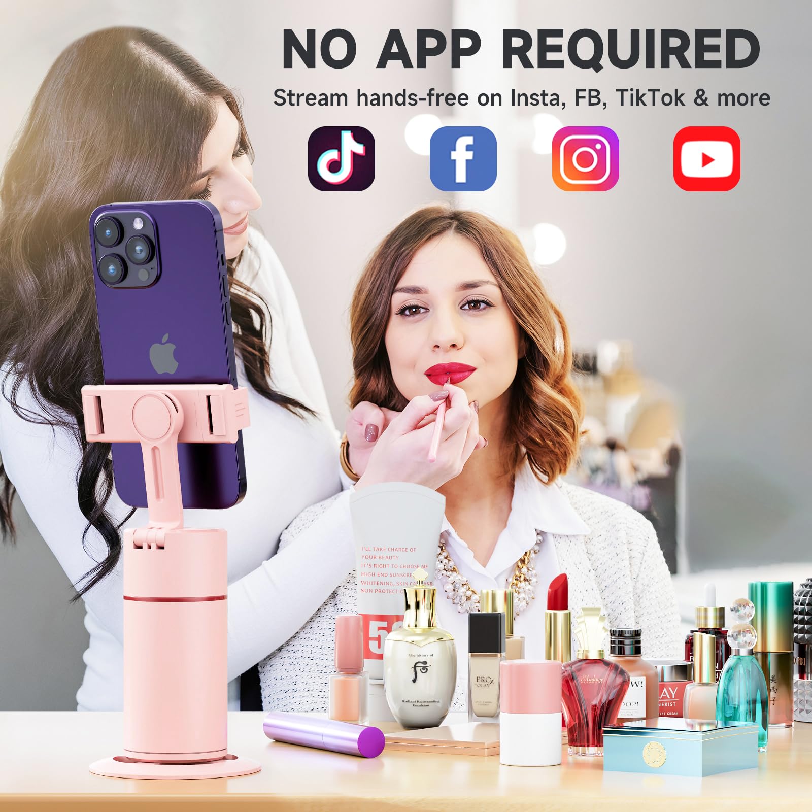 DELTAHVAC Auto Face Tracking Tripod - 360° Rotation Phone Holder with Remote & Gesture Control, Rechargeable, Pink Regular