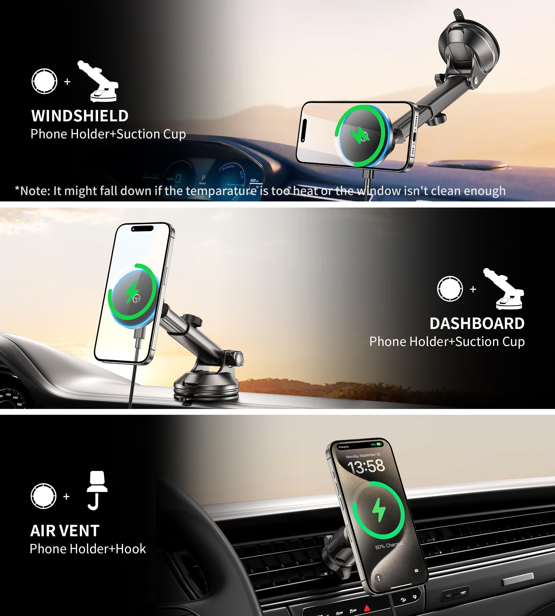 Gumosh For Magsafe Car Mount Charger Dash/Windshield/Vent Wireless Car Charger With [Led Light], Strong Magnetic Phone Holder Fo