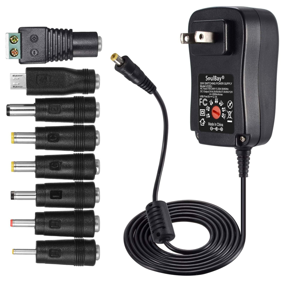 Soulbay 12V Power Supply Universal Ac Dc Adapter Charger With Adjustable Output 5V 9V 3V 6V 4.5V 7.5V 12 Volt 1A 1.5A 2A For Led Strip Light Cctv Camera Bt Speaker Gps Webcam Router, 5 Ft Cord, 30W