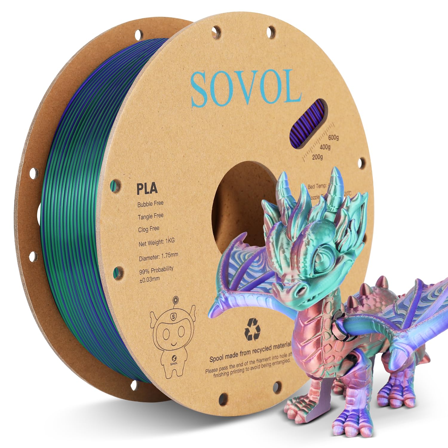 Sovol Silk Pla Filament Tri Color Co Extrusion 1.75Mm, 3D Printer Filament 1Kg/ 2.2Lbs, Shiny Silk Copper Purple Green 3 In 1 Co