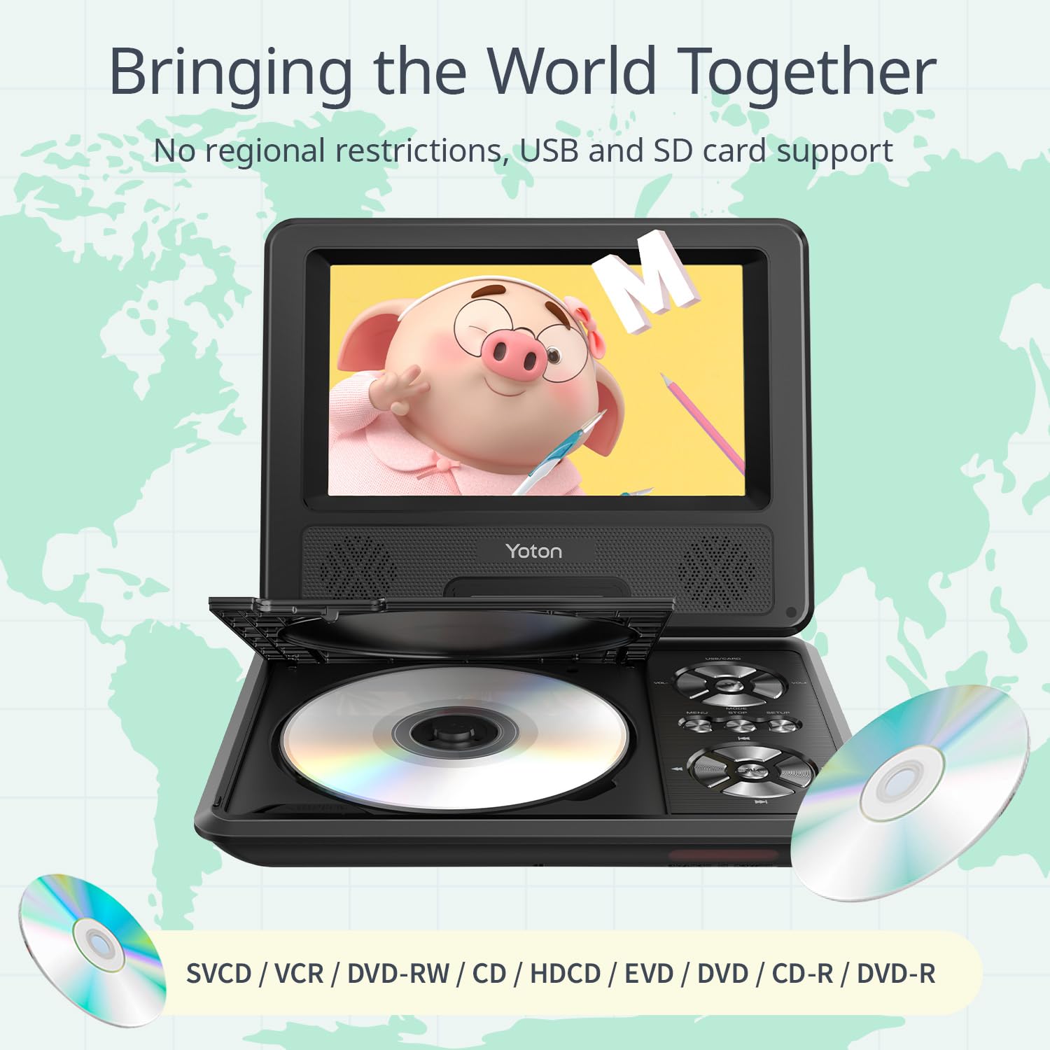 Yoton 9.5'' Portable Dvd Player For Kids And Car, 7.5'' Swivel Hd Screen With 4 6 Hours Built In Battery, Support Sync Screen To