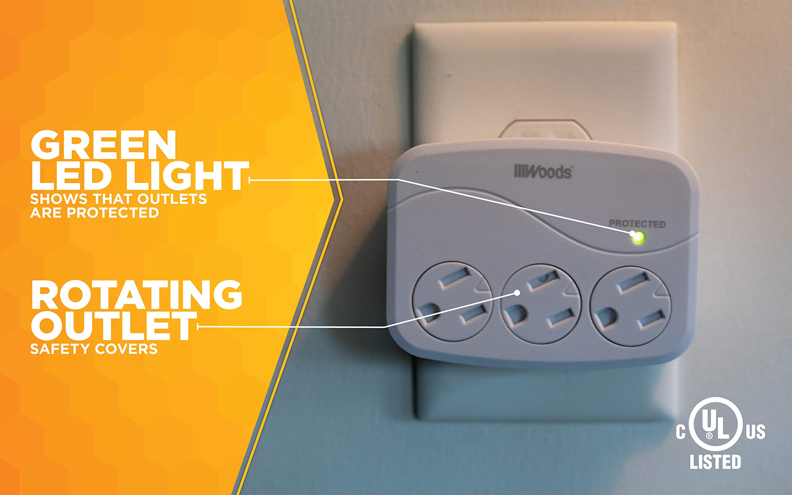 Woods 41034 Surge Protector With 3 Power, 3 Outlet 1000J Of Protection