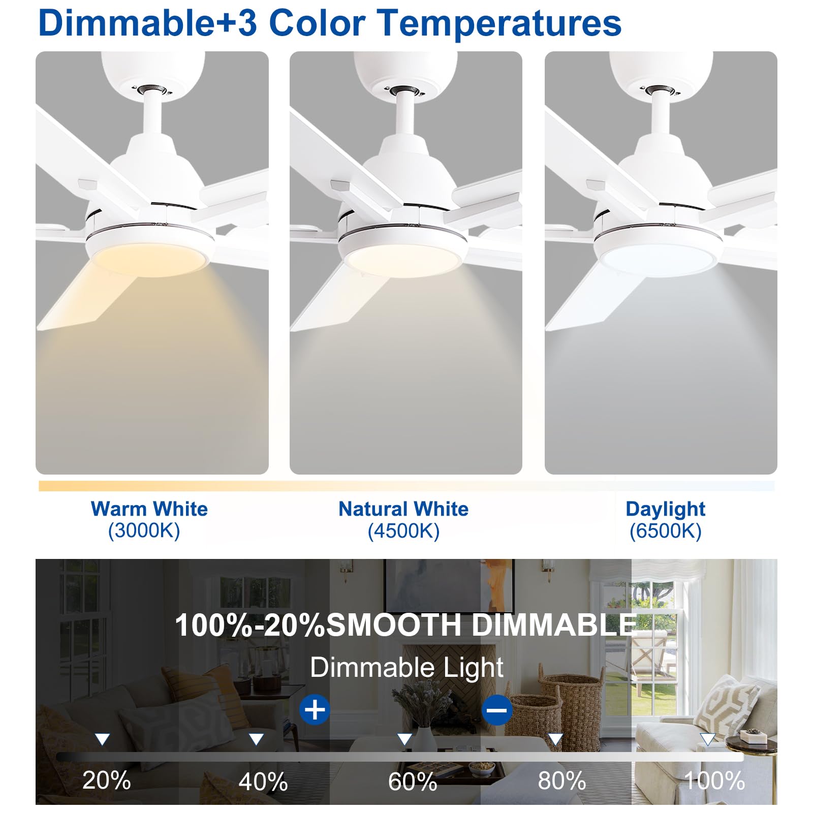 52 Inch Ceiling Fans With Lights And Remote,White Ceiling Fan With 5 Dual Sided Blades,Downrod,Quiet 6 Speed Reversible Dc Motor