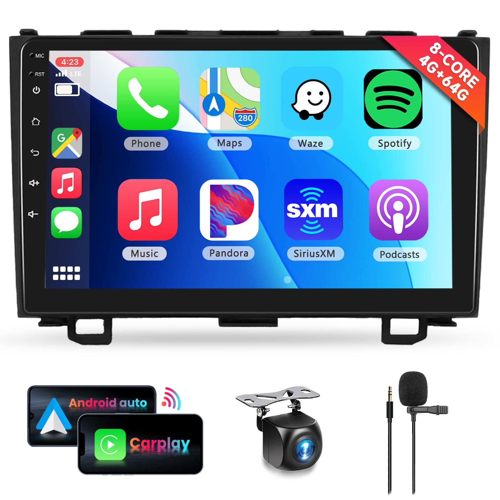 8 Core 4G+64G Car Radio Stereo For Honda Crv 2007 2011 With Wireless Carplay Android Auto, 9 Inch 1280 * 720P Ips Touch Screen Android 13 Gps Wifi Bluetooth 32 Band Dsp Swc Hd Backup Camera