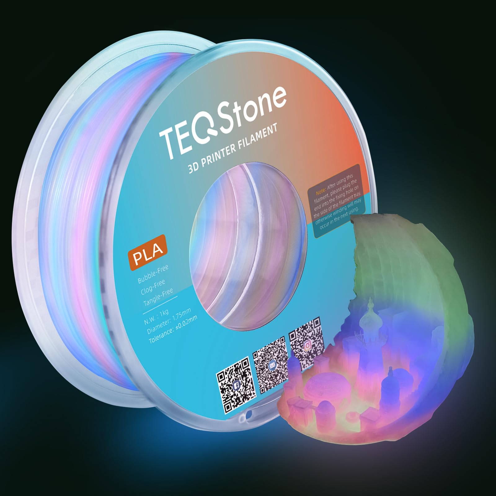 TEQStone Glow in The Dark PLA Filament 1.75mm Rainbow (Multicolor) 1KG, Color Changes Per 10-13m, Diameter +/- 0.03mm, Neatly Wo