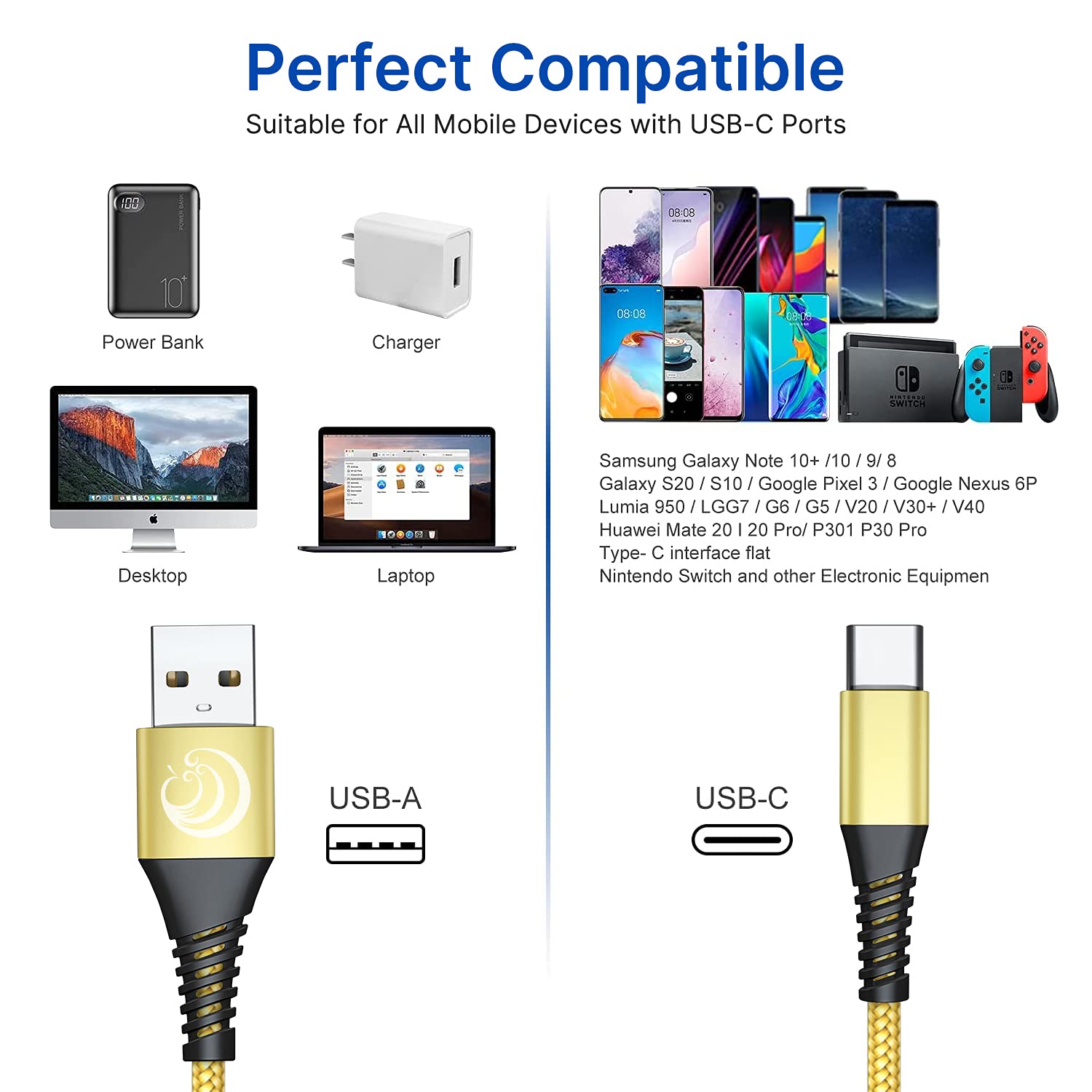 Usb C Cable 3A Fast Charging 6Ft 3Pack Nylon Type C Phone Charger Cord For Samsung Galaxy S24 S23 S22 S21 S20 S10 A11 A12 A13 A14 A15 A20 A21 A32 A42 A54, Tablet, Lg, Moto, Tcl, Ps5