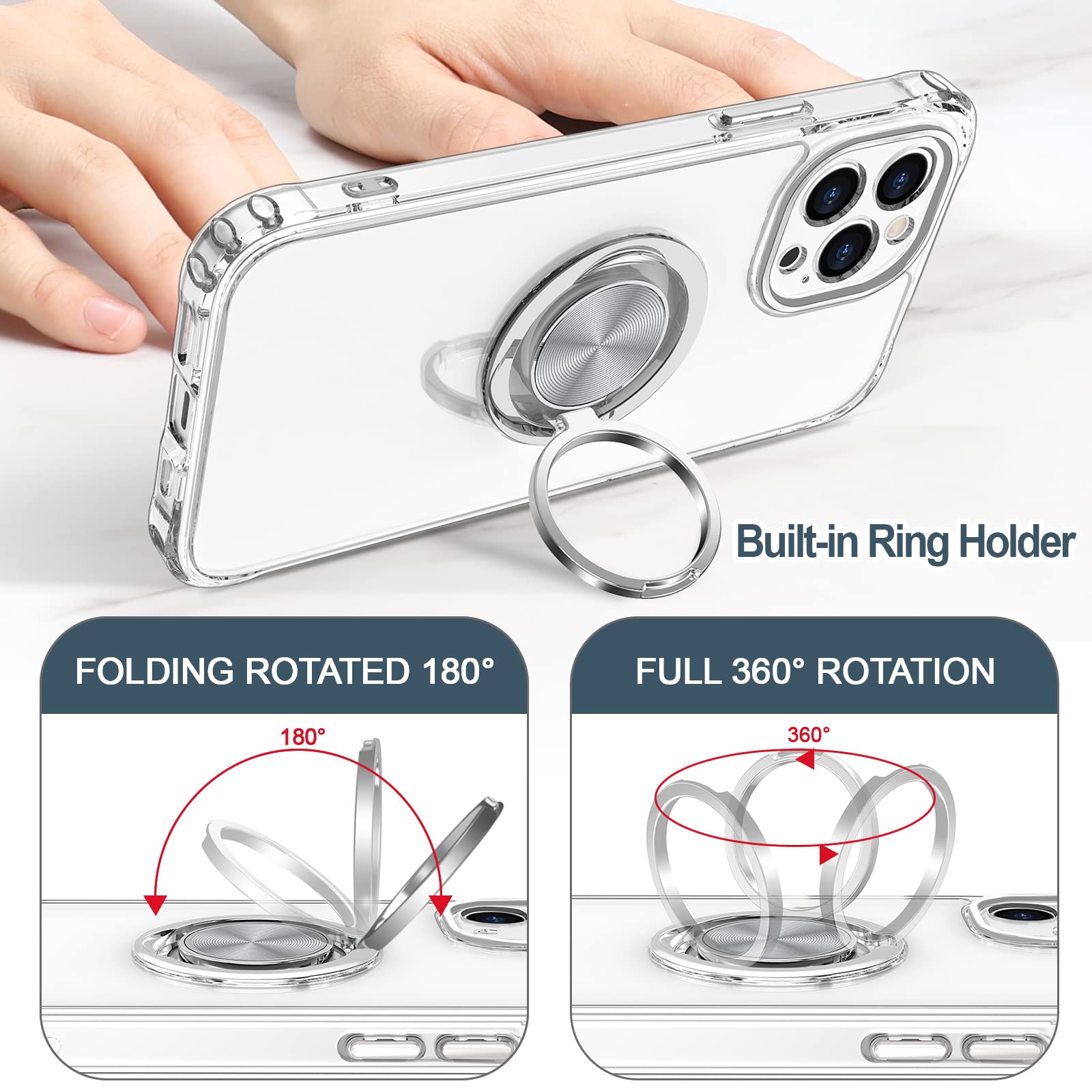 Hython For Iphone 13 Pro Max Case With Ring Stand [360 Rotatable Ring Holder Magnetic Kickstand] [Support Car Mount] Transparent