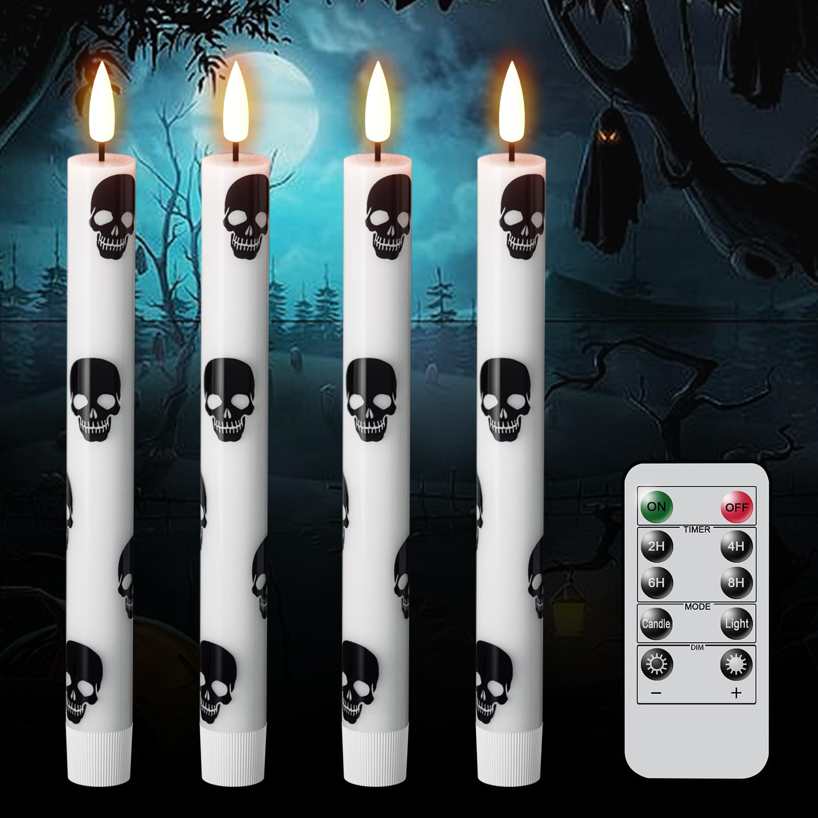 Genswin Halloween Flameless Taper Candles Remote Timer, 4 Pack Real Wax Led Taper Candles Battery Operated Flickering With Skull