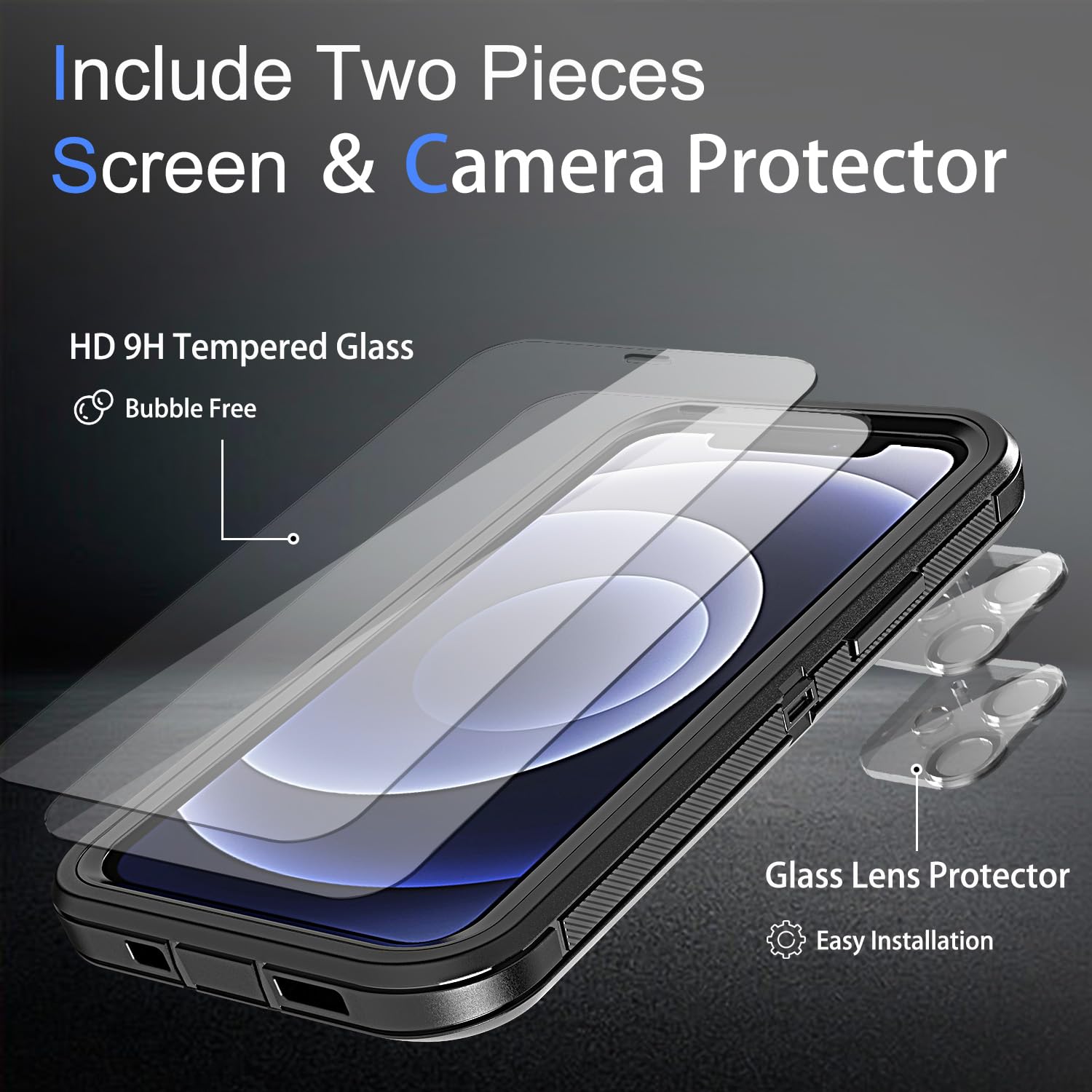 Ymhxcy For Iphone 12 Mini Case, 2X Glass Screen And Camera Protector, 3 In 1 Heavy Duty Shockproof Drop Protection Stripe Rubber