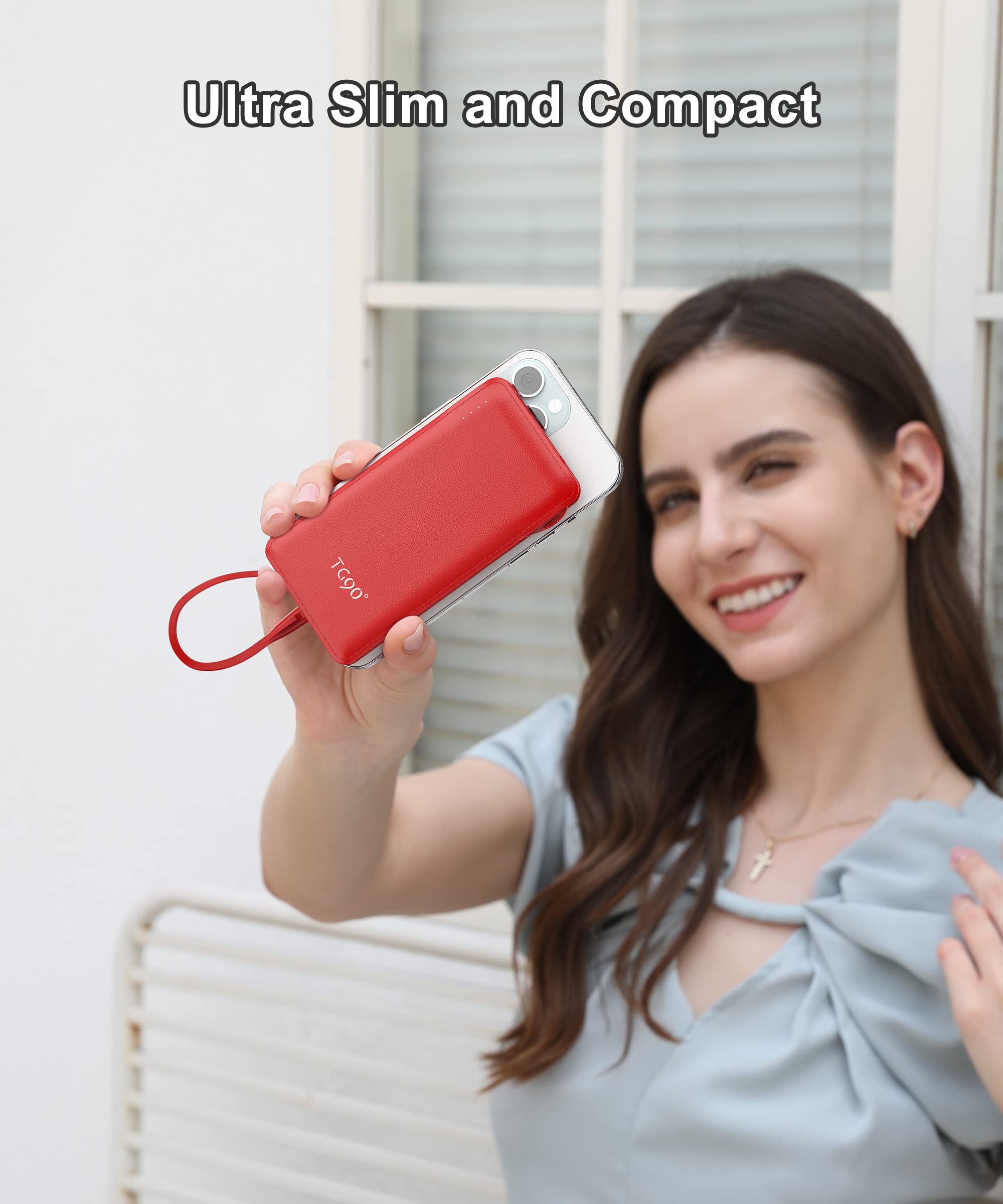 Tg90 Portable Charger 10000Mah Cell Phone Battery Backup, Ultra Slim Power Bank With Built In Cables, Portable Phone Charger Bat