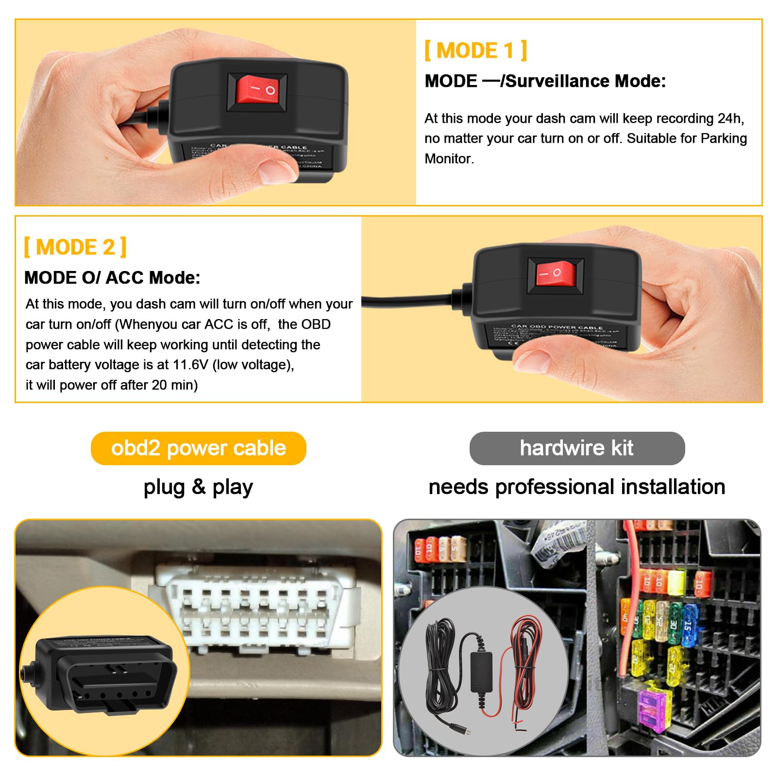 Obd Power Cable For Dash Camera Charger Obd2 To Usb Cable, 24 Hours Surveillance/Acc Mode With Switch Button Obd2 Power Adapter