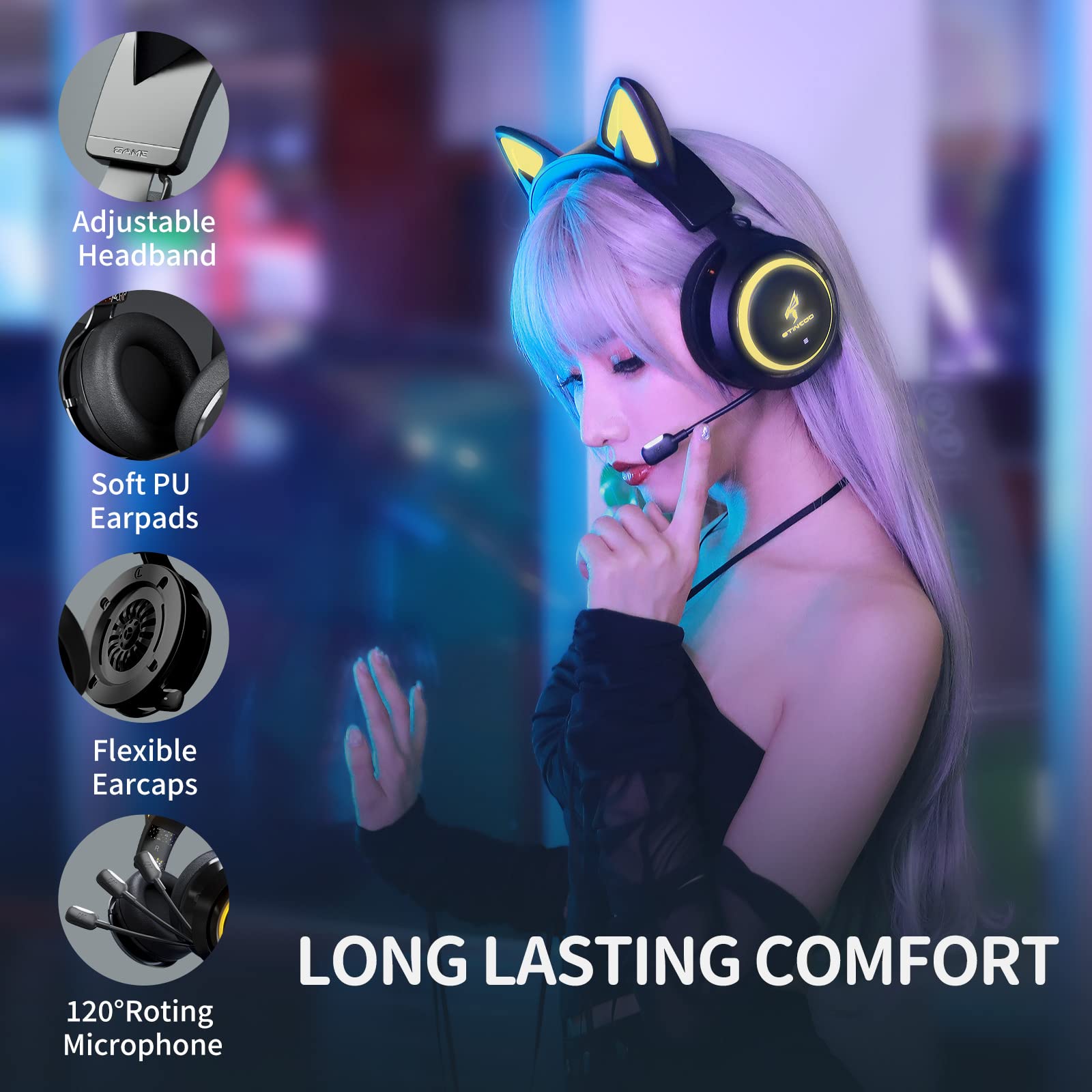 Somic Gs510 Cat Ear Headset Wireless Gaming Headphones For Ps5/ Ps4/ Pc, Cute Headset 2.4G With Retractable Mic, 7.1 Stereo Soun