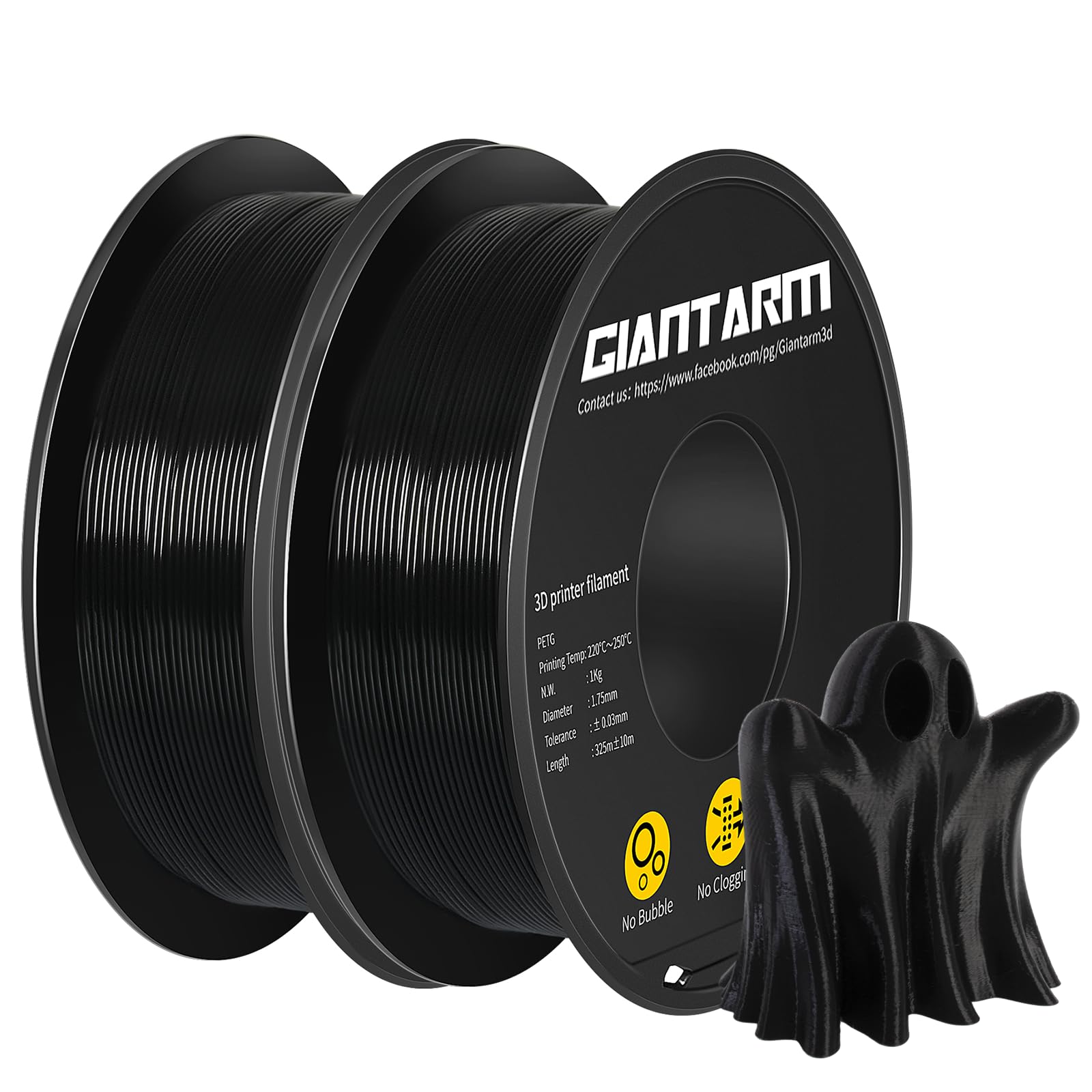 GIANTARM PETG Filament 1.75, 3D Printer Filament 2KG, Toughness Enhanced, Dimensional Accuracy +/-0.02mm, Vacuum Package (Black+