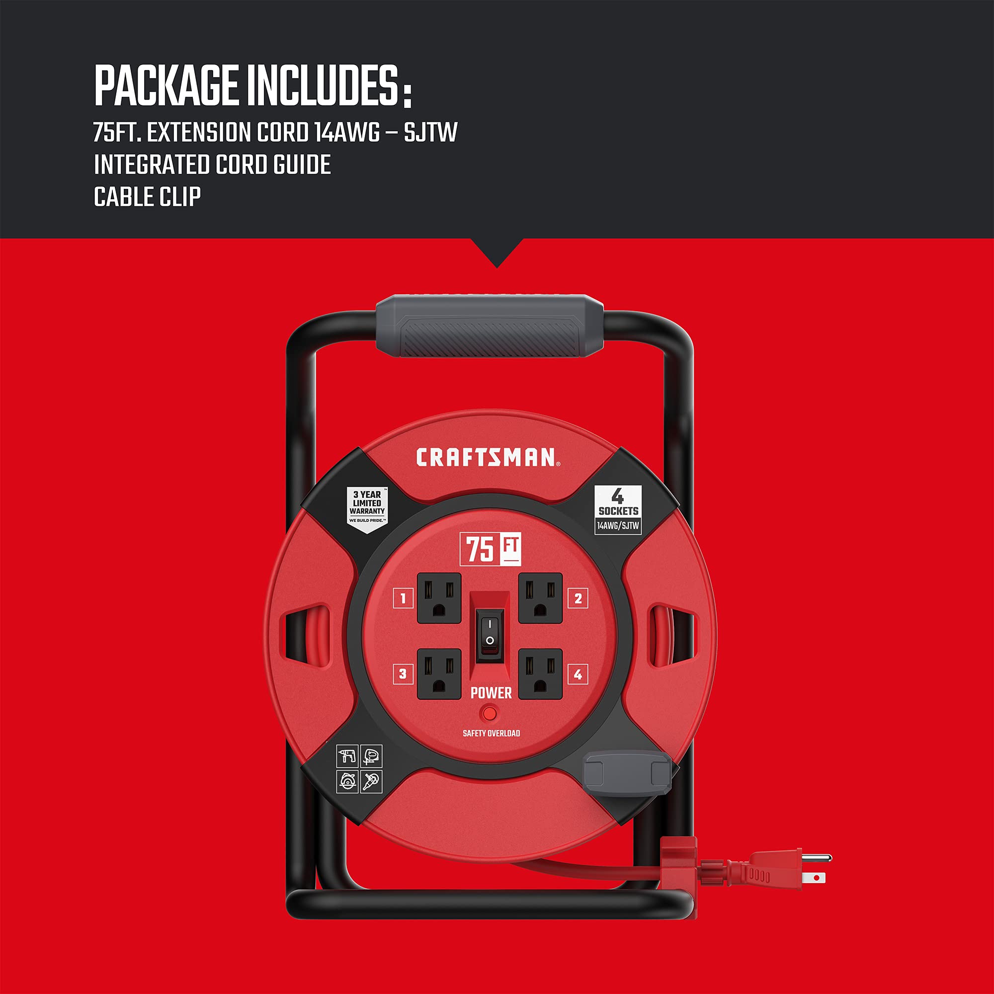 Craftsman Retractable Extension Cord Reel 75 Ft. With 4 Outlets & Heavy Duty 14Awg Sjtw Cable