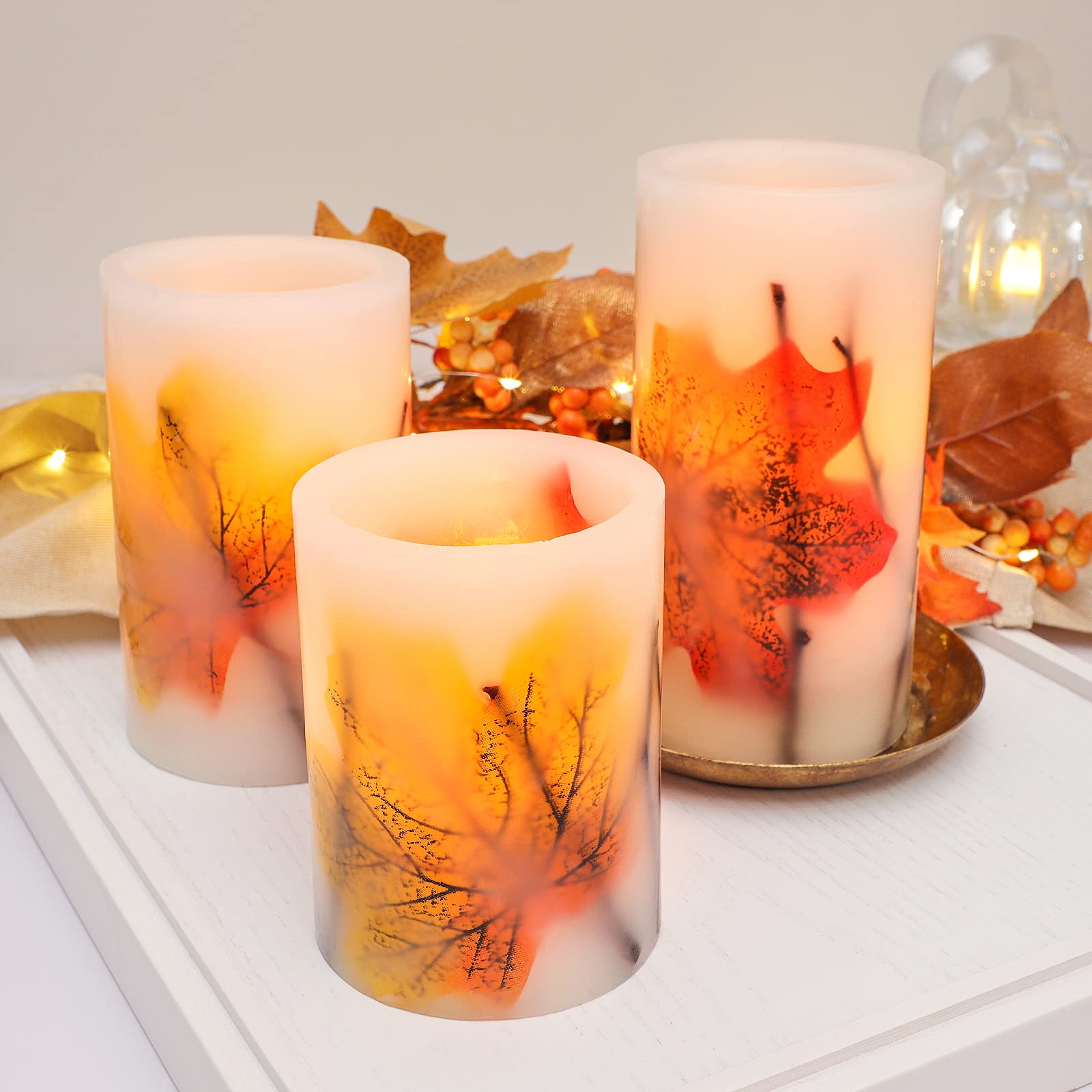 Crystal Club Fall Flameless Candles, Battery-Operated Fall Led Candles With Remote And Timer, Autumn Theme Pillar Candle Embedde