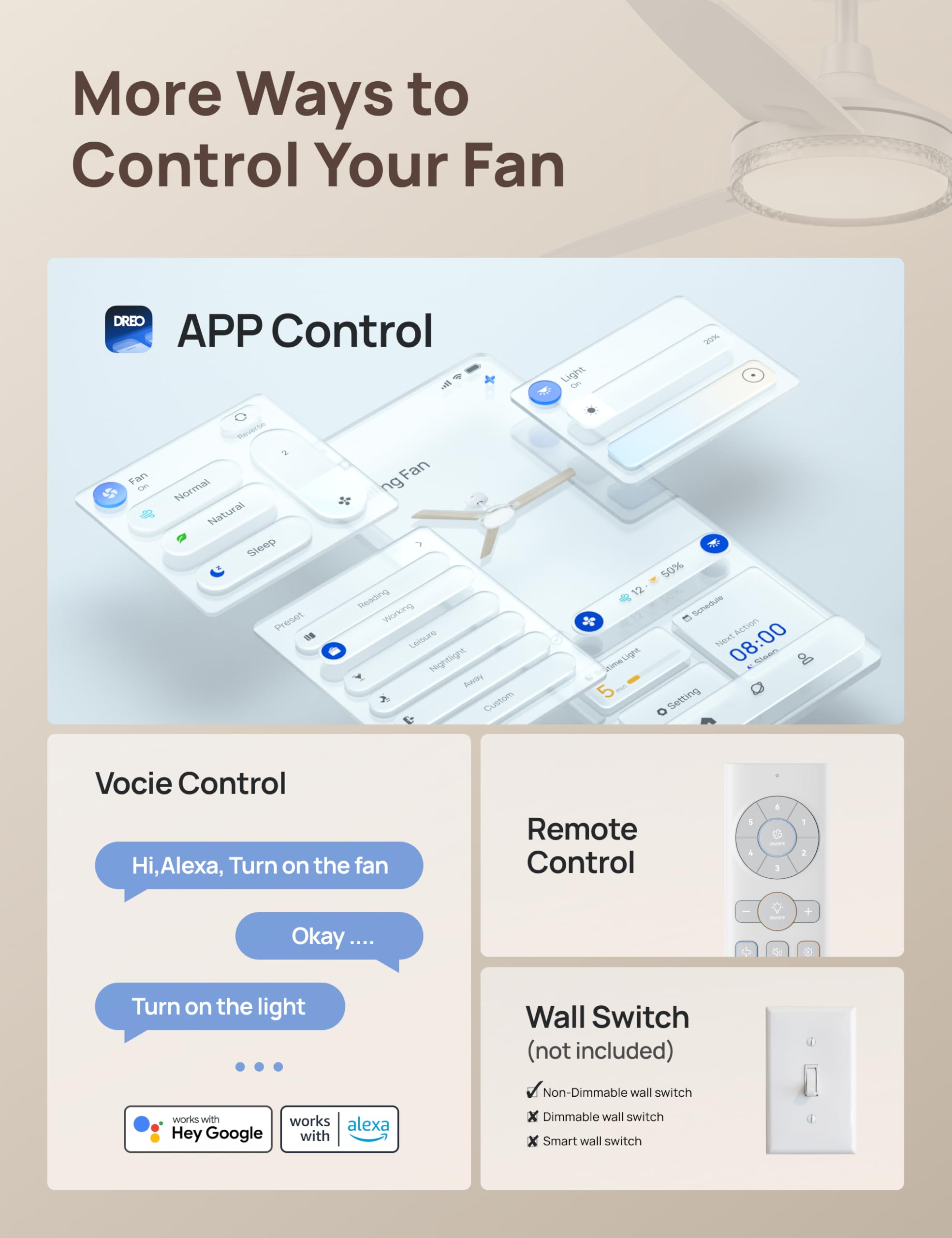 Dreo Smart Ceiling Fans With Lights, 52 Inch White Ceiling Fan, 12 Speeds & 3 Fan Modes, Stepless Color Tones, Dimmable Led Ligh