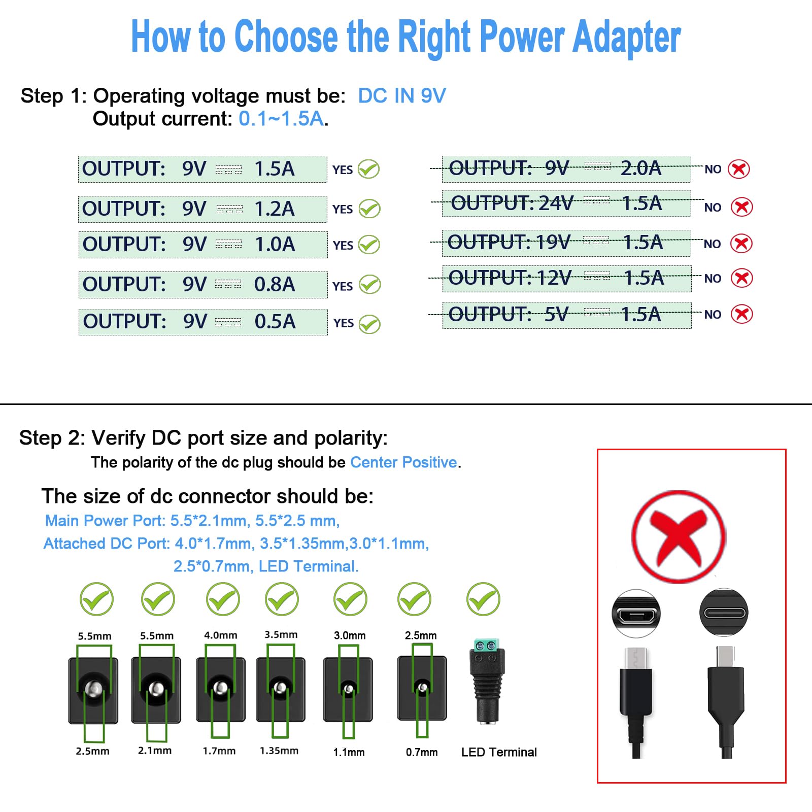 9V 1.5A Power Supply Dc 9V Power Cord, 100-240V Ac To Dc 9Volts Ac Adapter, Fit For Dc9V 1500Ma 1A 1000Ma 0.5A 500Ma Arduino Uno