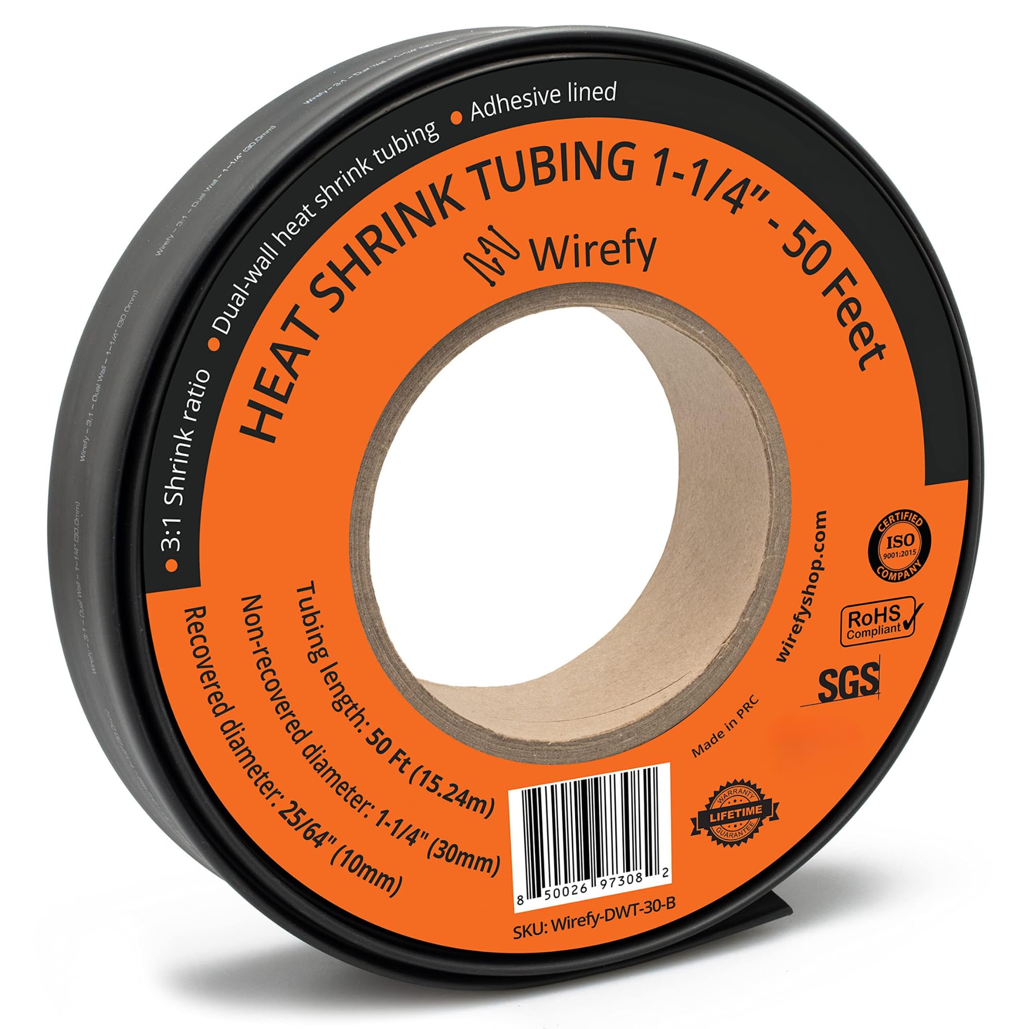 Wirefy 1 1/4'' Heat Shrink Tubing   Large Diameter   3:1 Ratio   Adhesive Lined   Industrial Heat Shrink Tubing   Black   50 Fee