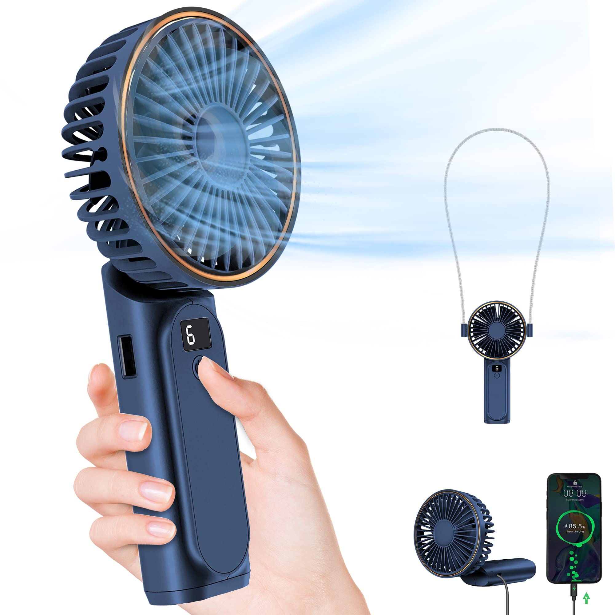 Tunise Portable Handheld Fan, Neck Fan, 4000Mah Desk Fan, 180    Adjustable, 6 Speed Wind, Display Electricity In Real Time, Usb