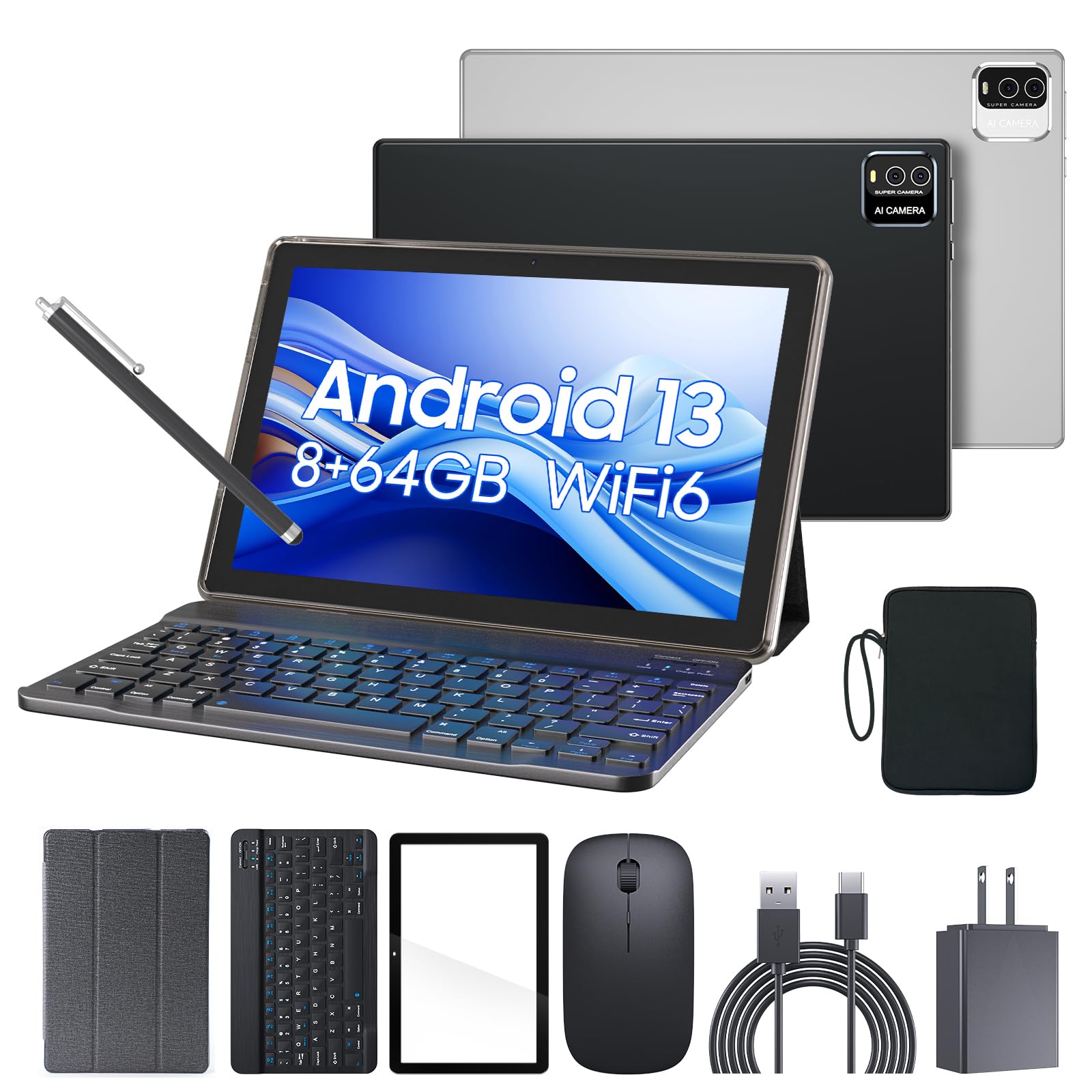 2 In 1 Tablet, 10 Inch Android 13 Tablet With Keyboard, 8Gb Ram+64Gb Rom+512Gb Expandable Computer Tablets Pc, Ips Screen, 2+8Mp