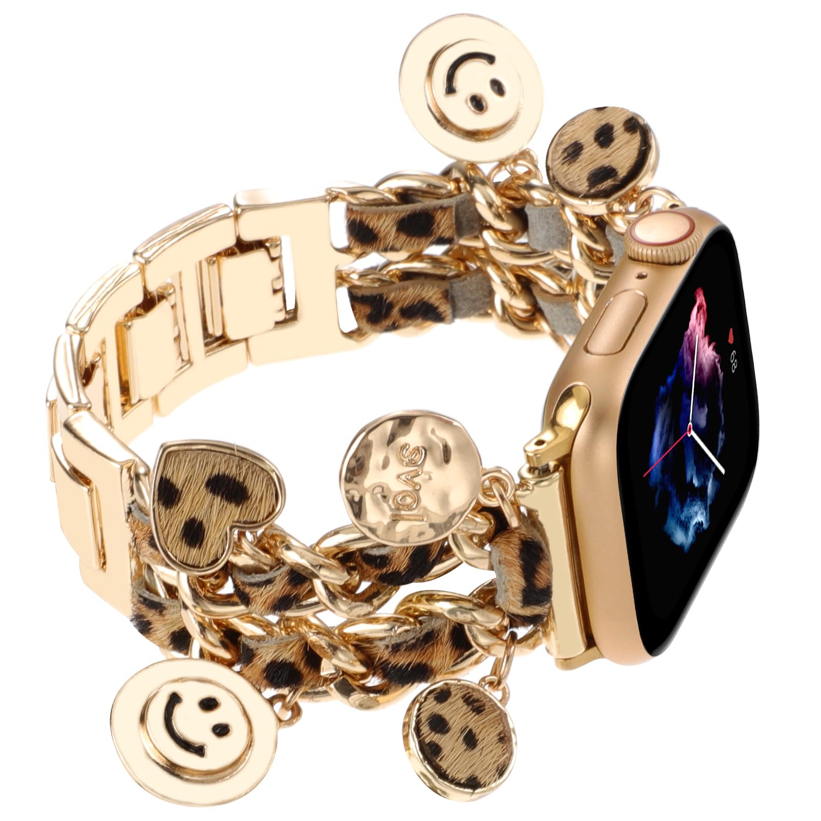 Realsign Stylish Metal Wristband Compatible With Apple Watch Band 42 44 45 46 49Mm,Cuban Chain Band Leopard Love Smile Face Pend