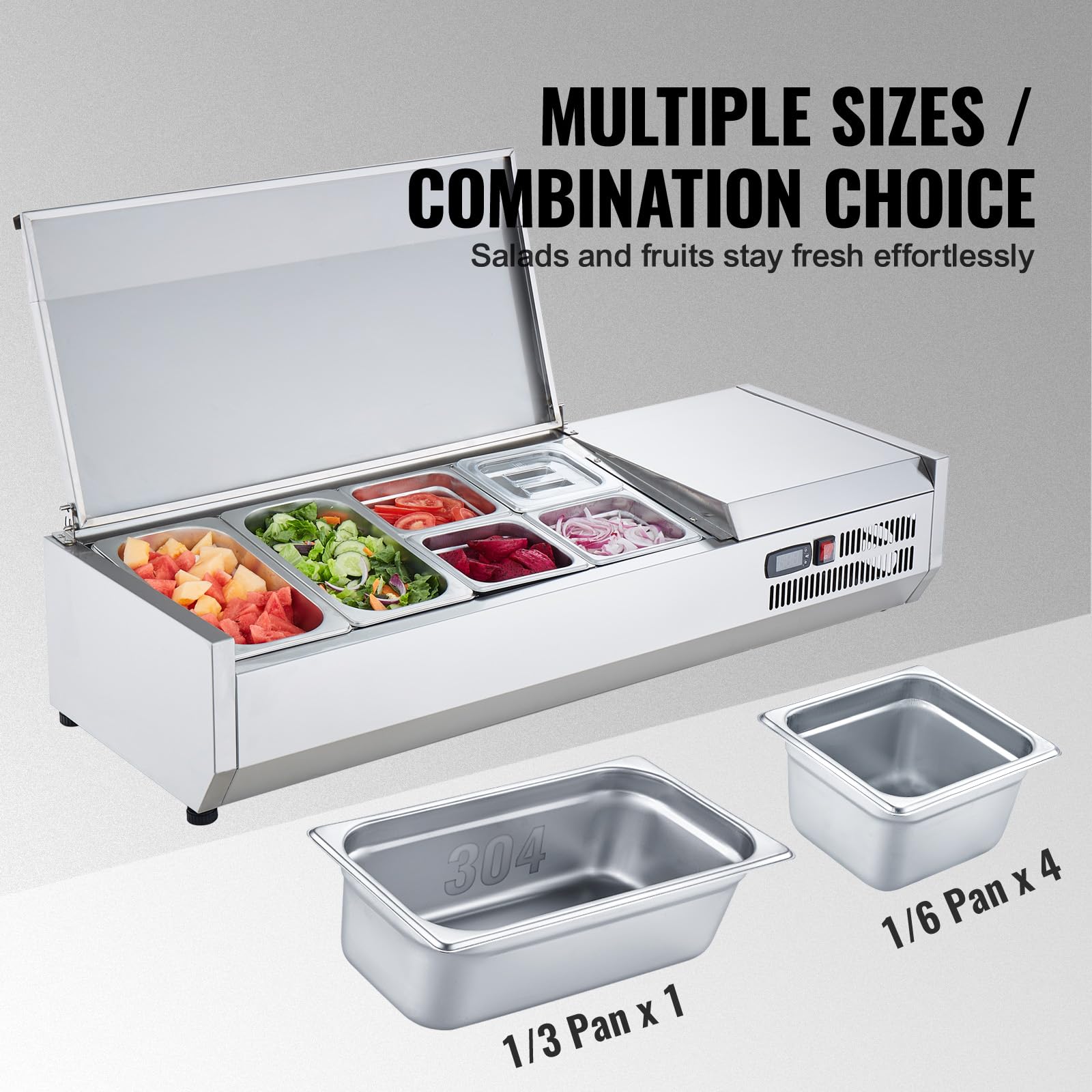 Vevor Refrigerated Condiment Prep Station, 135 W Countertop Refrigerated Condiment Station, With 2 1/3 Pans & 4 1/6 Pans, 304 St
