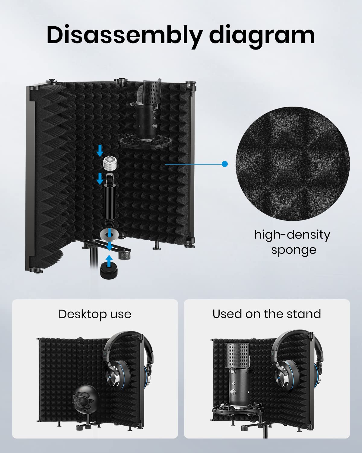Moukey Microphone Isolation Shield, Foldable Mic Shield With Triple Sound Insulation, Reflection Filter With 3/8 And 5/8 Mic Thr