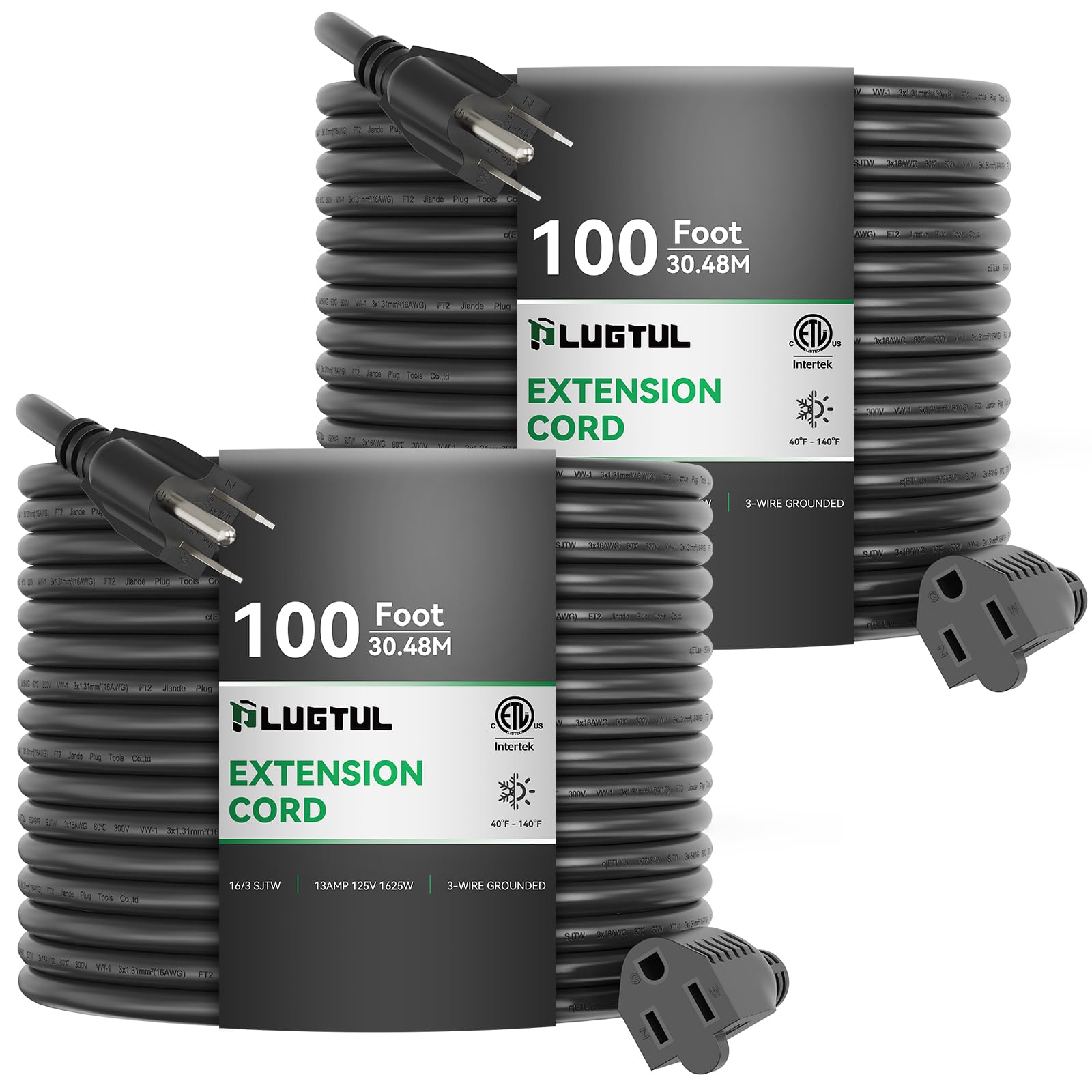 Plugtul 2 Pack Extension Cord 100Ft, 16/3 Gauge Outdoor Extension Cord Waterproof, 13A 1625W Sjtw, Etl Listed, Great For Garden