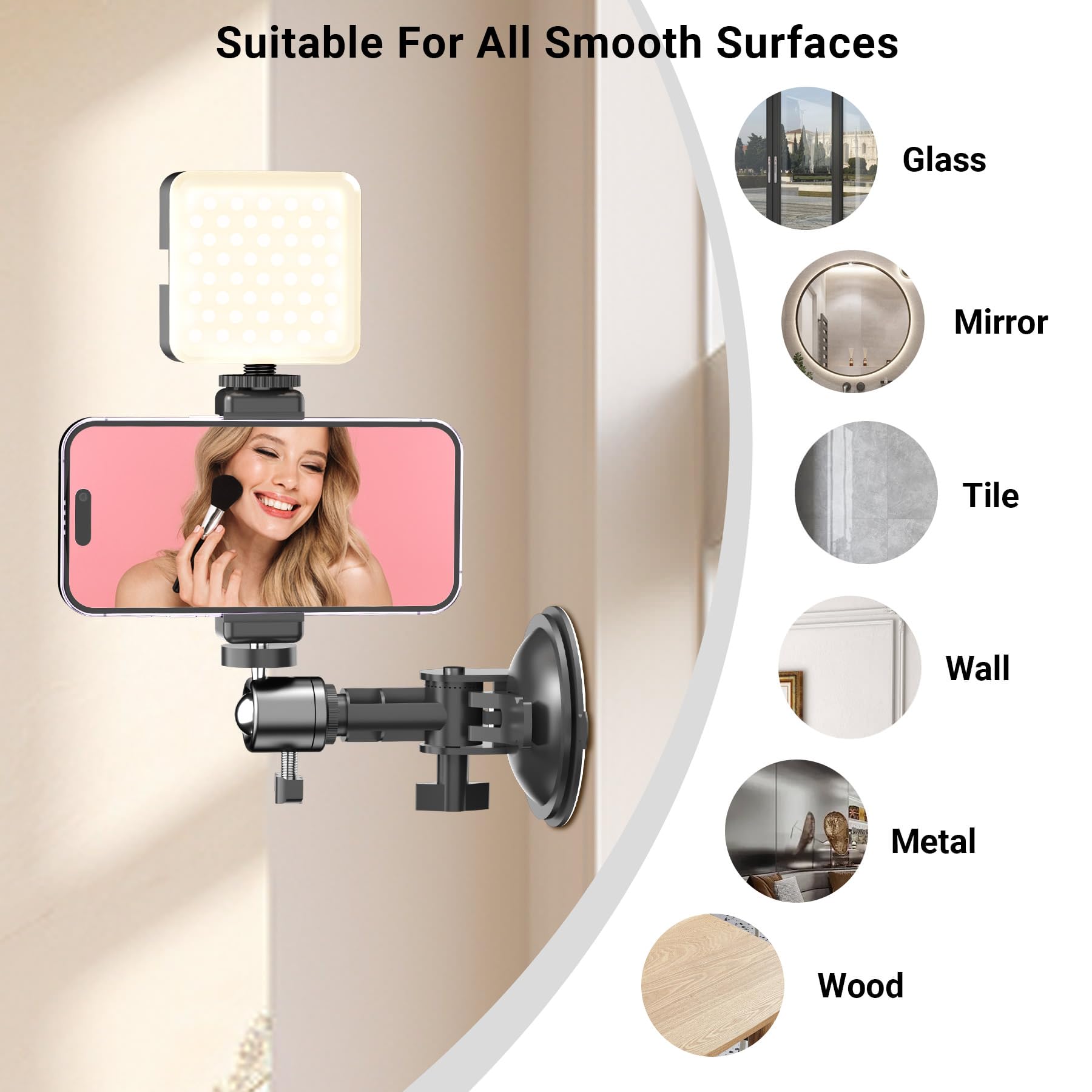 Suction Cup Mirror Phone Holder With Rechargeable Light, Versatile Wall Phone Mount For Content Creator, Mirror Tripod For Car B