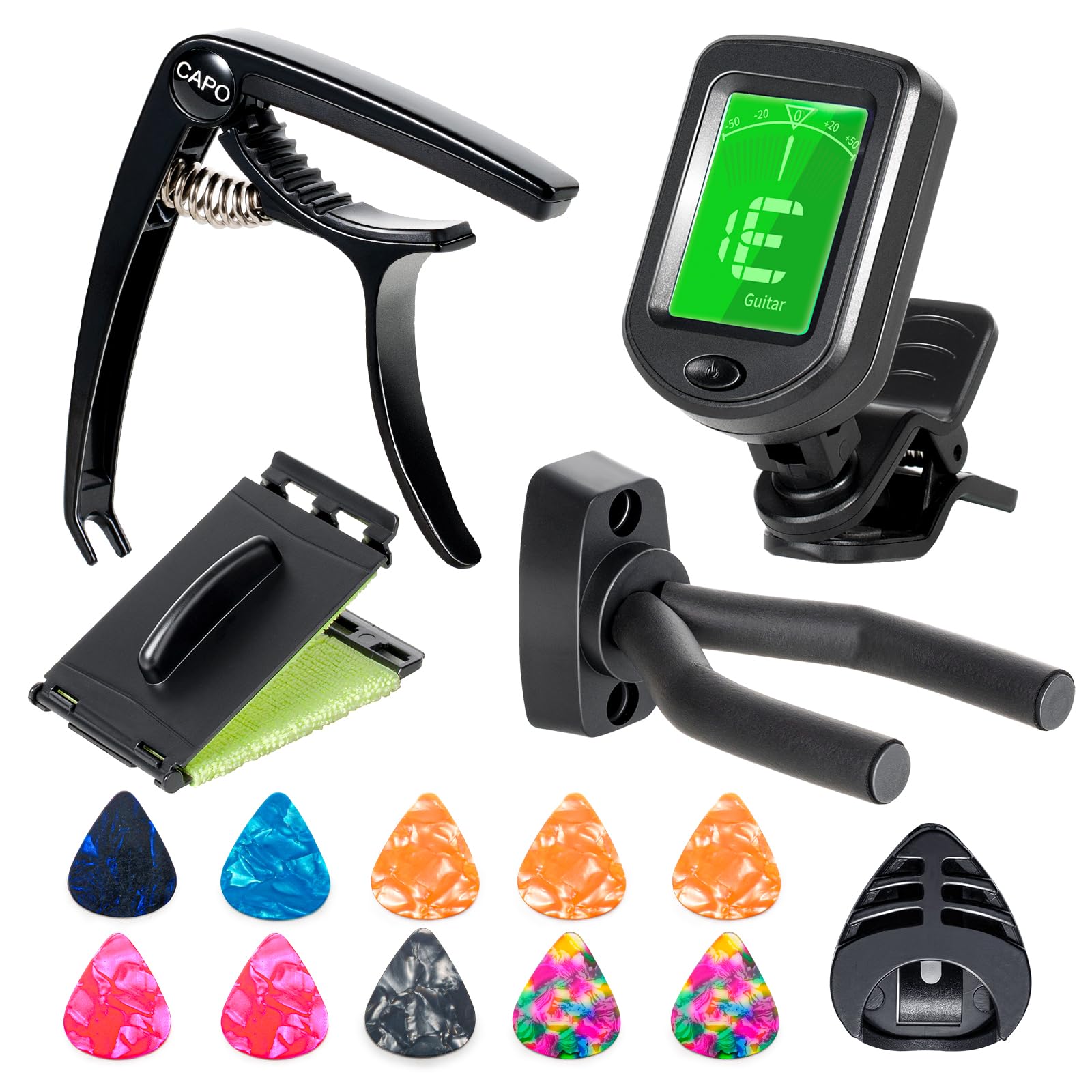 Wteetb Guitar Accessories Kit  Capo, Tuner, Wall Mount Hanger, Picks, String Cleaner For Guitar, Violin, Bass, Ukulele