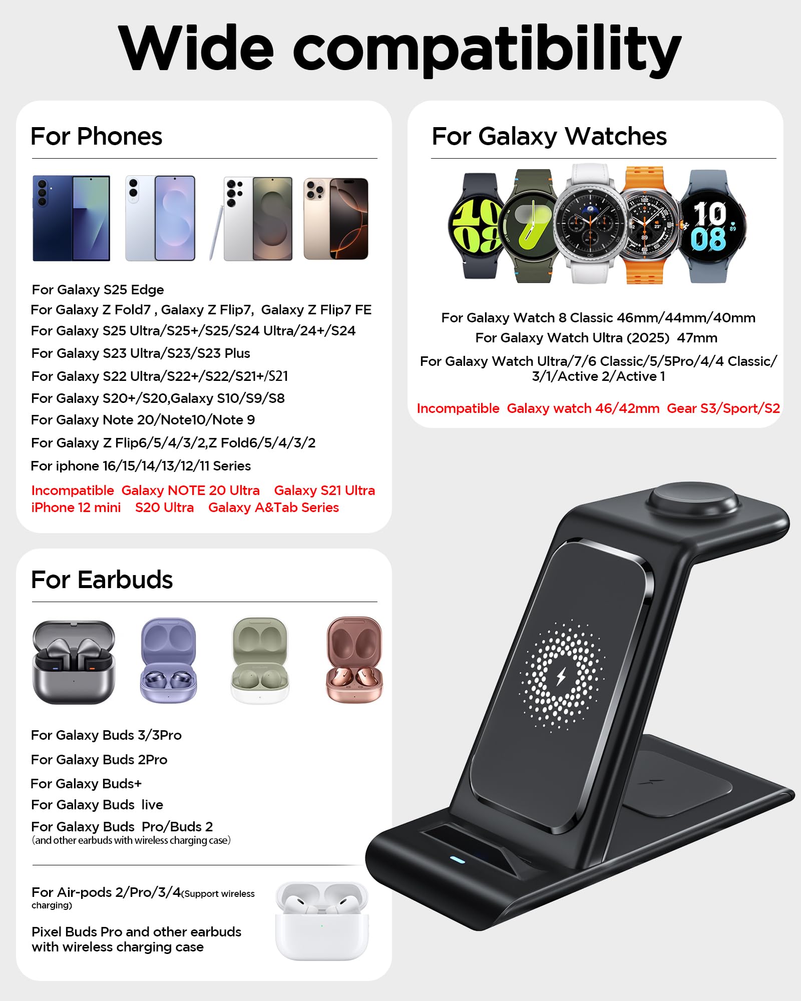 Upgraded Wireless Charging Station Compatible For Samsung Charger Magnet Galaxy Watch 5 Pro/4/3 Active 2/1 Galaxy S23/22/S21/S20