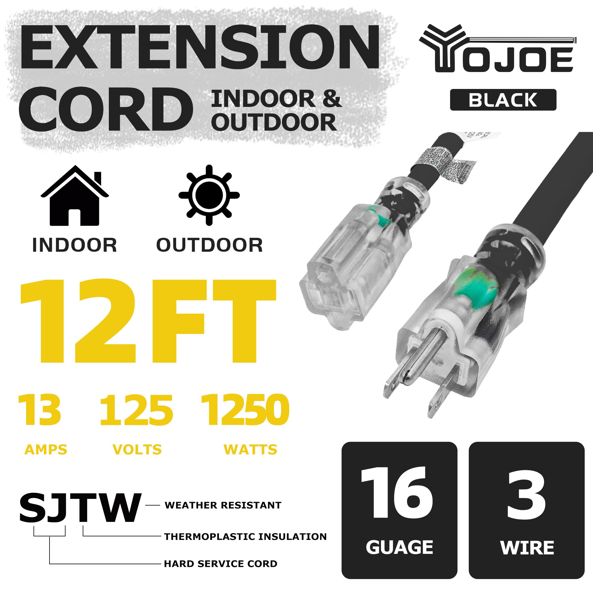 Yojoe Indoor Outdoor Extension Cord With Lighted End, 3 Prong 13A Weatherproof Power Extension Cord, 16 Gauge Heavy Duty 12 Ft B
