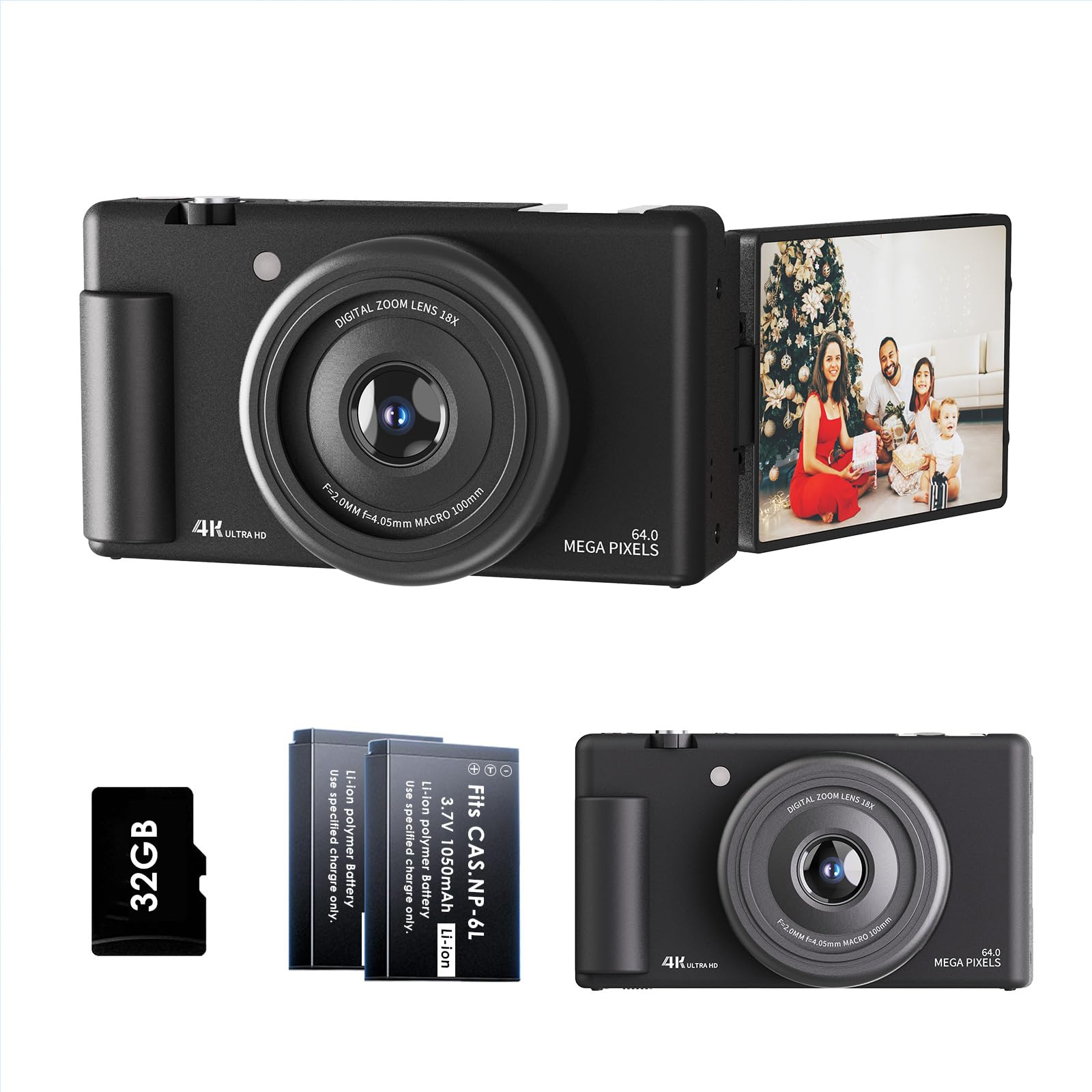 4K Digital Camera for Photography 64MP Vlogging Camera for YouTube Video 2.8 270 Flip Screen Travel Cameras 16X Zoom with 32GB