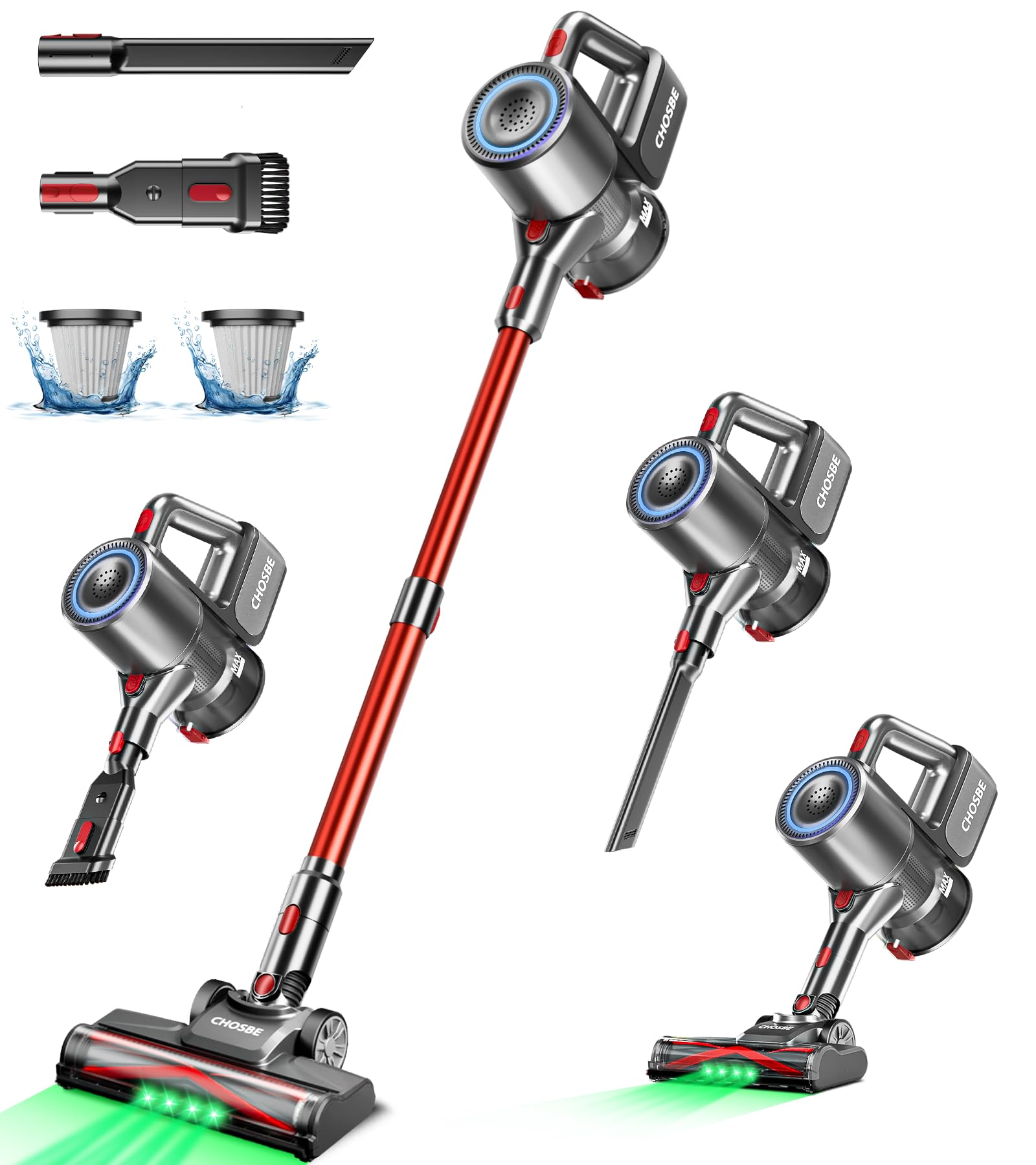 CHOSBE Cordless Vacuum Cleaner, 500W/40Kpa Stick Vacuum with 45Mins Runtime, Self-Standing Vacuum Cleaners for Home, Anti-Tangle