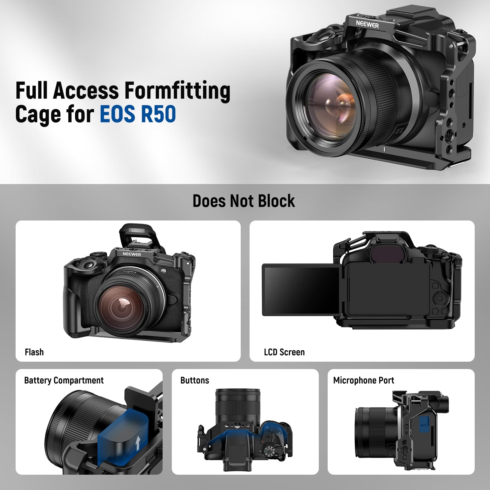 Neewer R50 Camera Cage Compatible With Canon Eos R50, Aluminum Video Rig With Nato Rail, 1/4'' Threads, 3/8'' Arri Holes, Cold S