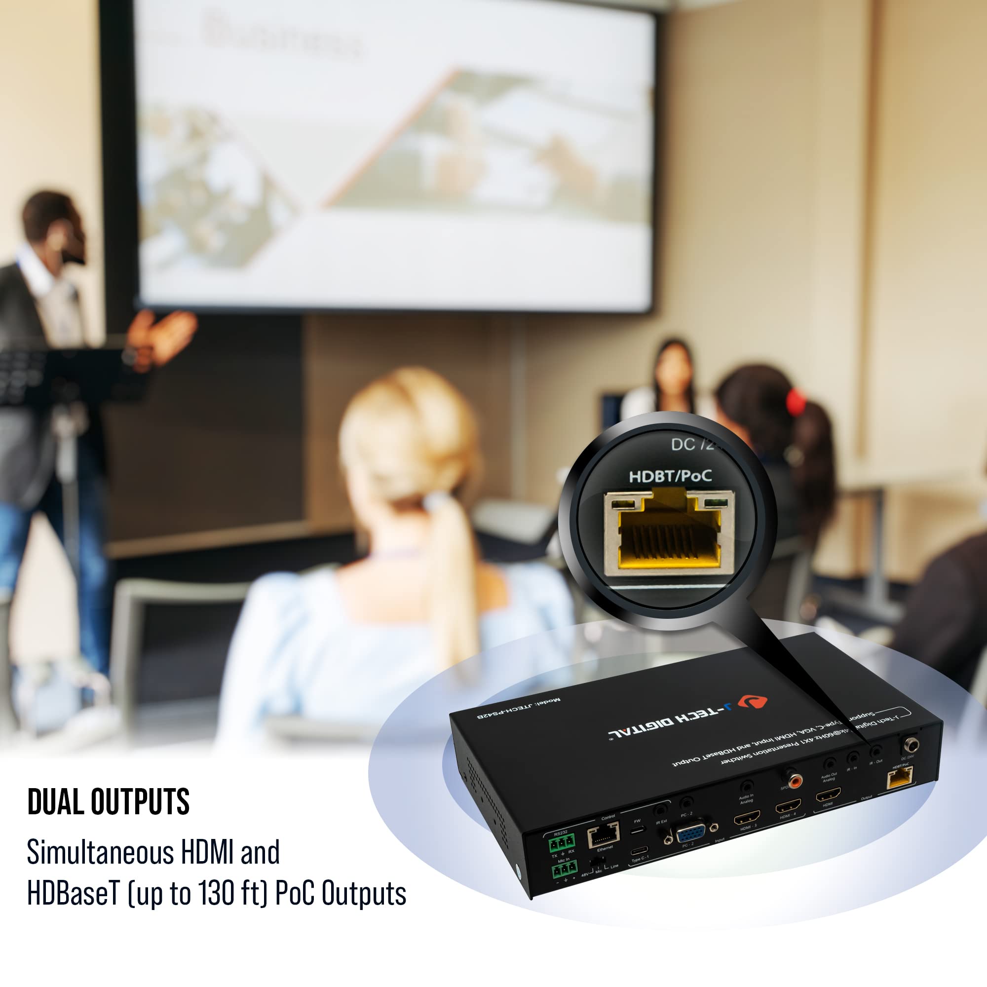 J Tech Digital Multi Input 4K Hdmi Vga Usb C Presentation Switch W/Hdbaset Extension [Jtech Ps42B]