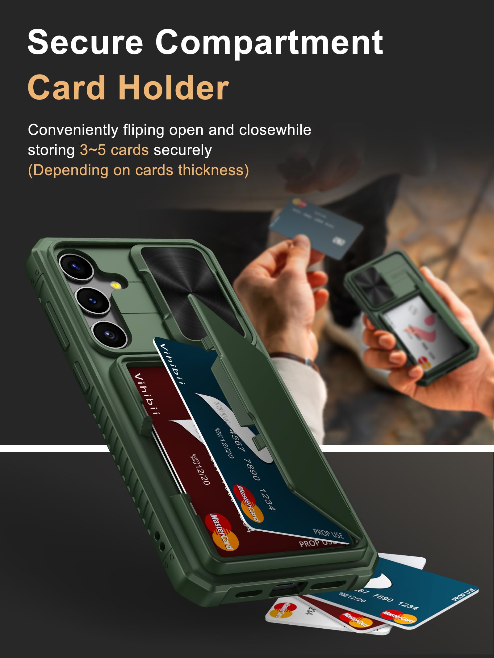 Vihibii For Samsung Galaxy S24 Plus Case With Card Holder (4 Cards) & Slide Lens Cover & Kickstand & Raised Edges Protect Screen