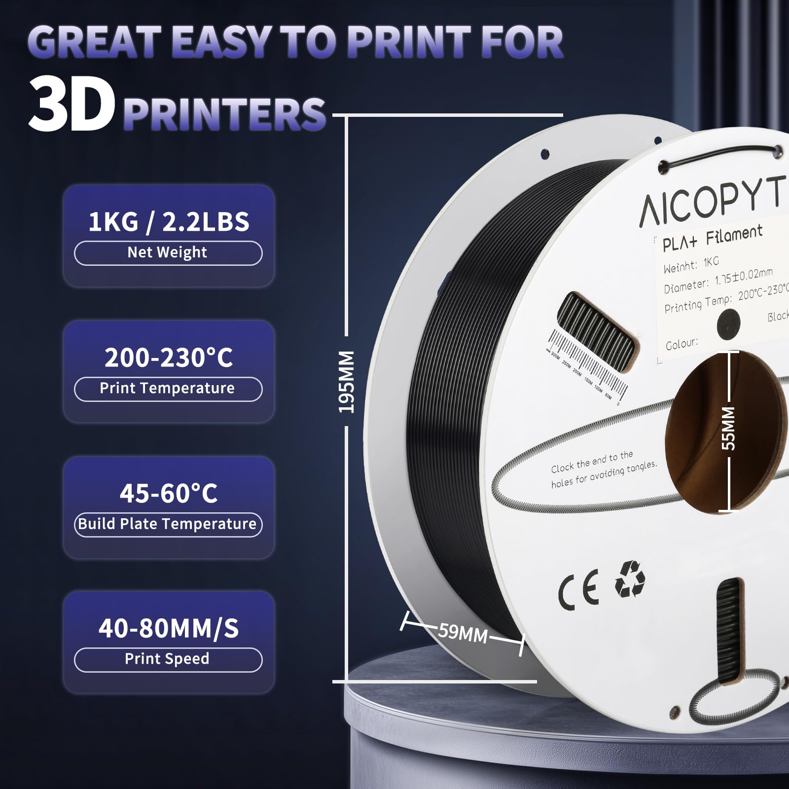 Aicopyto Pla Plus(Pla+) Filament 1.75Mm, Tougher And Stronger 3D Printer 1Kg Spool (2.2Lbs) Black Pla+ Filament Dimensional Accu