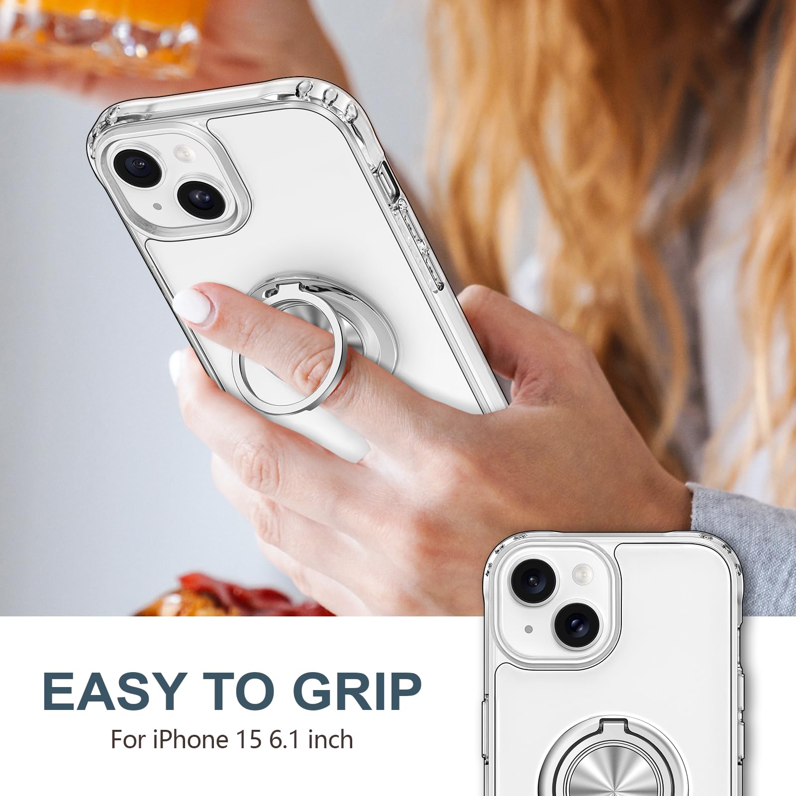 Hython Clear For Iphone 15 Case With Ring Stand [360 Rotatable Ring Holder Magnetic Kickstand] [Support Car Mount] Transparent H