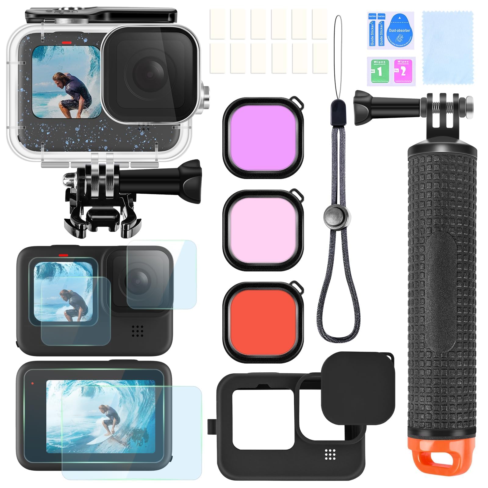 Octinpris Accessories Kit For Gopro Hero 12 11 10 9 Waterproof Housing Case Underwater Float Handle Silicone Sleeve Lens Cap Tem