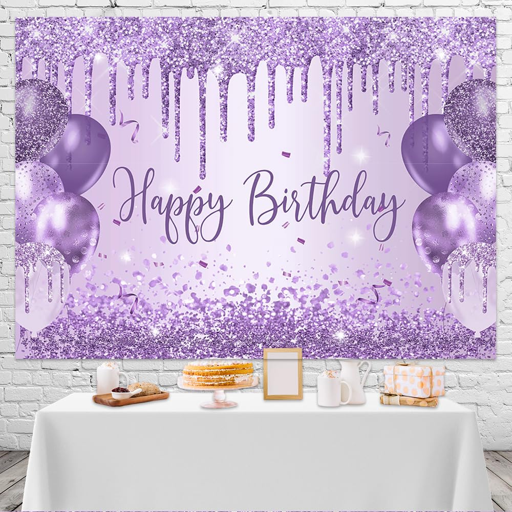 Mocsicka Purple Birthday Backdrop Glitter Balloon Woman Happy Birthday Party Decorations Glitter Girls Sweet 16 18Th 21Th Birthd