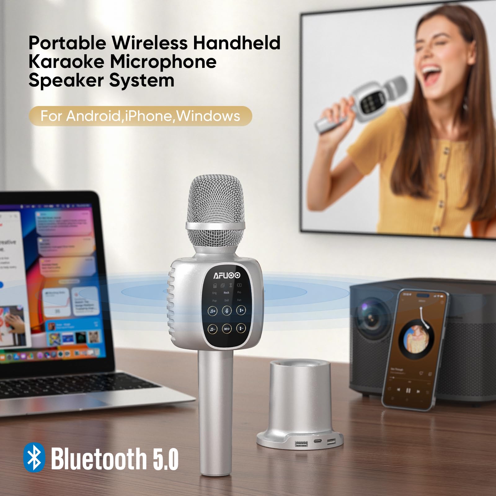 Afuoo Wireless Bluetooth Karaoke Microphone Speaker For Adults Kids, Mic With Stereo Speaker For Smartphone Pc, Duet Mode Blueto