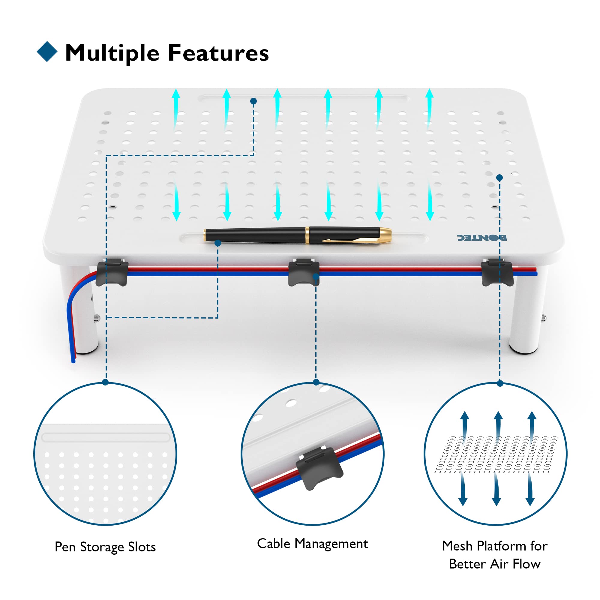 Bontec 2 Pack Monitor Stand Riser, Computer Monitor Riser Stand With Mesh Platform For Laptop, Computer, Imac, Pc Up To 55Lbs Wi