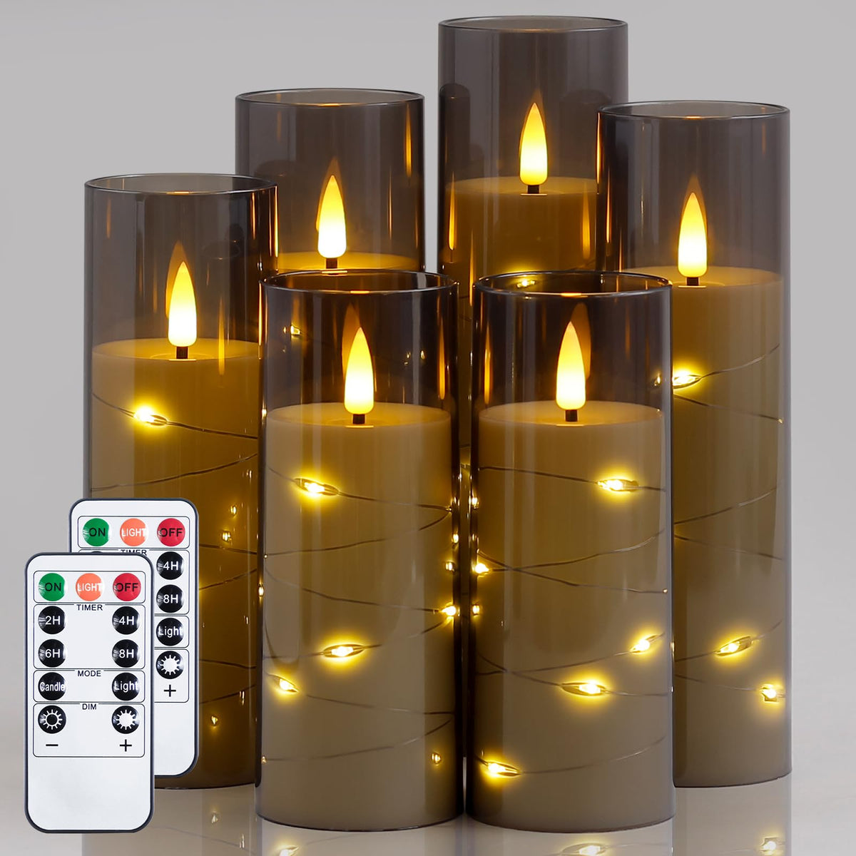 Yeelida Grey Flameless Candles With Remote And String Light, 2.2''X 5'',5'',6'',7'',7'',8'' Led Battery Operated Plastic Flicker