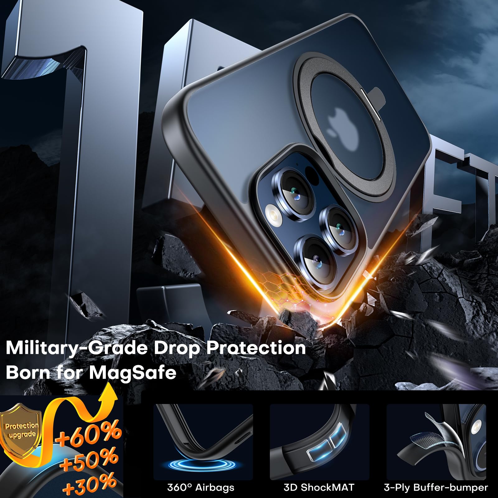 Tauri 360Rotatable Magnetic Ring For Iphone 15 Pro Max Case Black, [Designed For Magsafe] With Stand & Ring Holder, Translucent