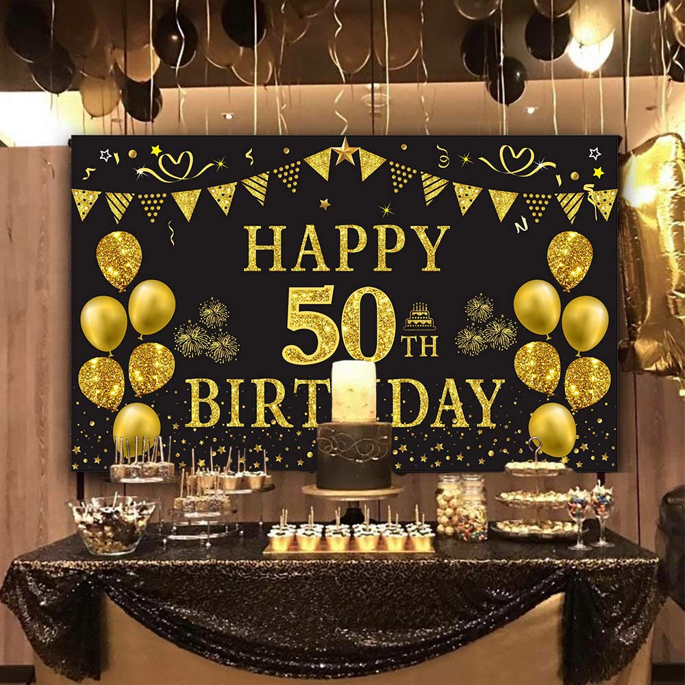Trgowaul 50Th Birthday Backdrop Gold And Black 5.9 X 3.6 Fts Happy Birthday Party Decorations Banner For Women Men Photography S