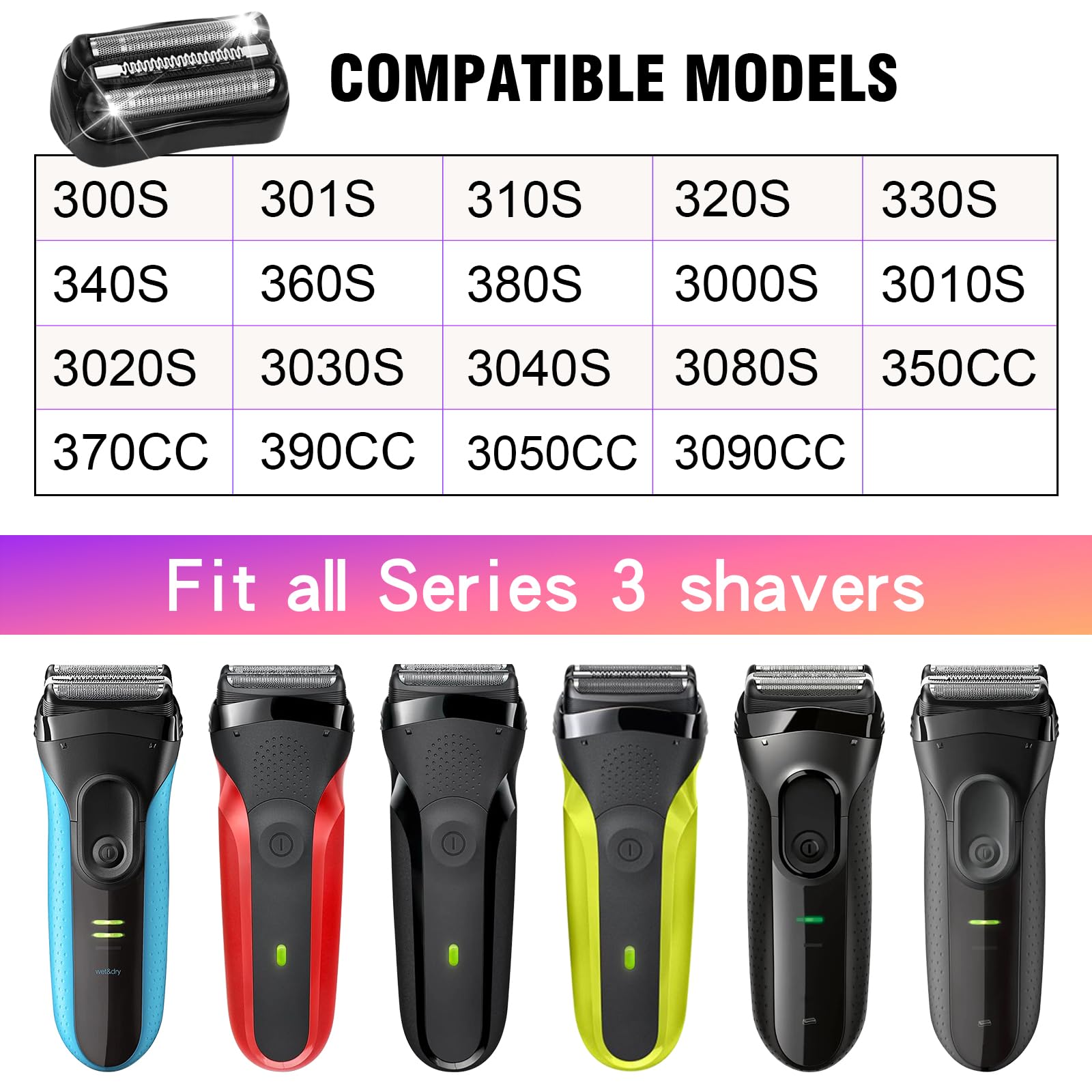 2 Pack Series 3 21B Replacement Head, Foil & Cutter Razor Head Compatible With S3 Shaver Replacement Heads 3040S 300S, 310S, 320