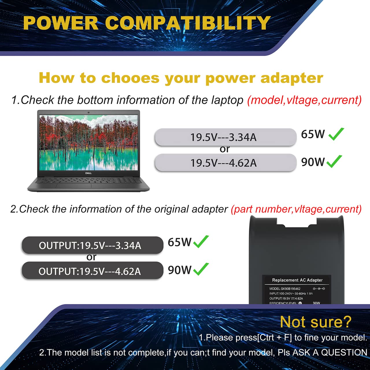 90W Laptop Charger For Dell Latitude E6430 E6440 E6410 E6420 E6230 E6330 E6400 E6500 E6520 E6530 E6510 E7250 E7440, Precision M2